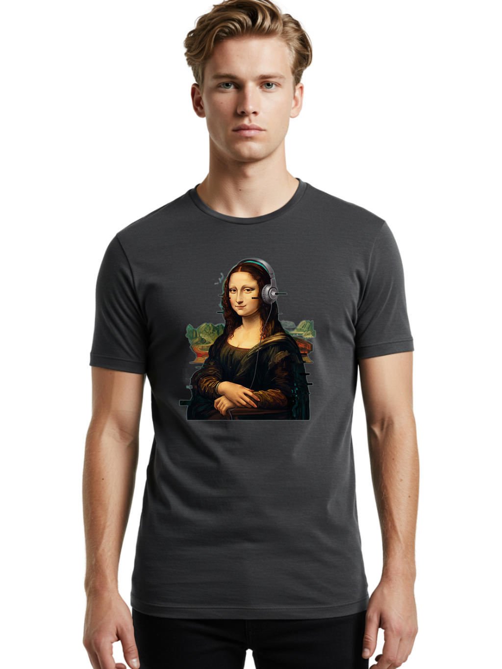 Mona-Lisa-Headphones-3 Men'S Graphic Tee, 100% Cotton, Comfortable Casual Summer Wear, Machine Washable, Vintage Camera, Old Camera, Antique Camera, Black Camera, Classic Photography, Photography Equipment, Nostalgic Device, Film Camera, Bam903
