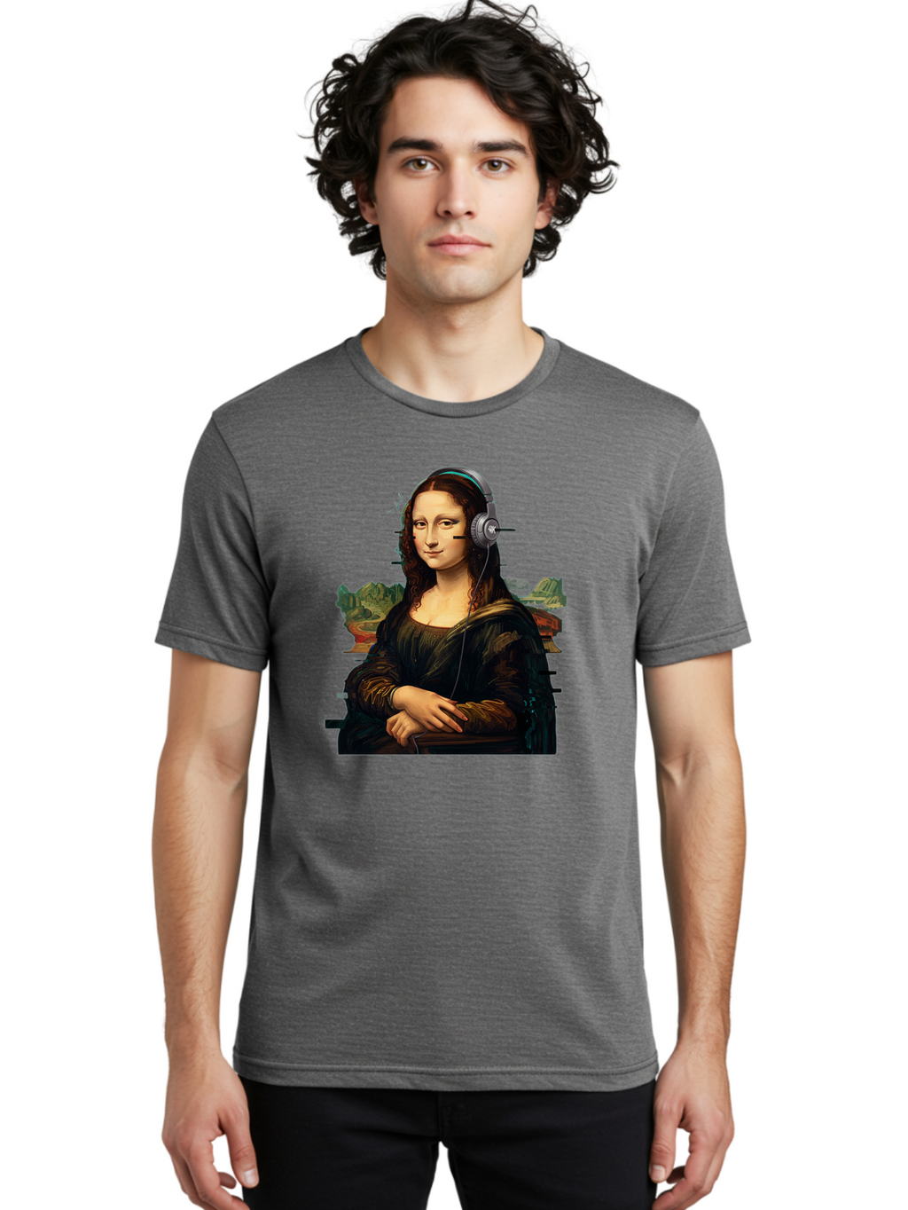 Mona-Lisa-Headphones-3 Men'S Graphic Tee, 100% Cotton, Comfortable Casual Summer Wear, Machine Washable, Vintage Camera, Old Camera, Antique Camera, Black Camera, Classic Photography, Photography Equipment, Nostalgic Device, Film Camera, Bam903