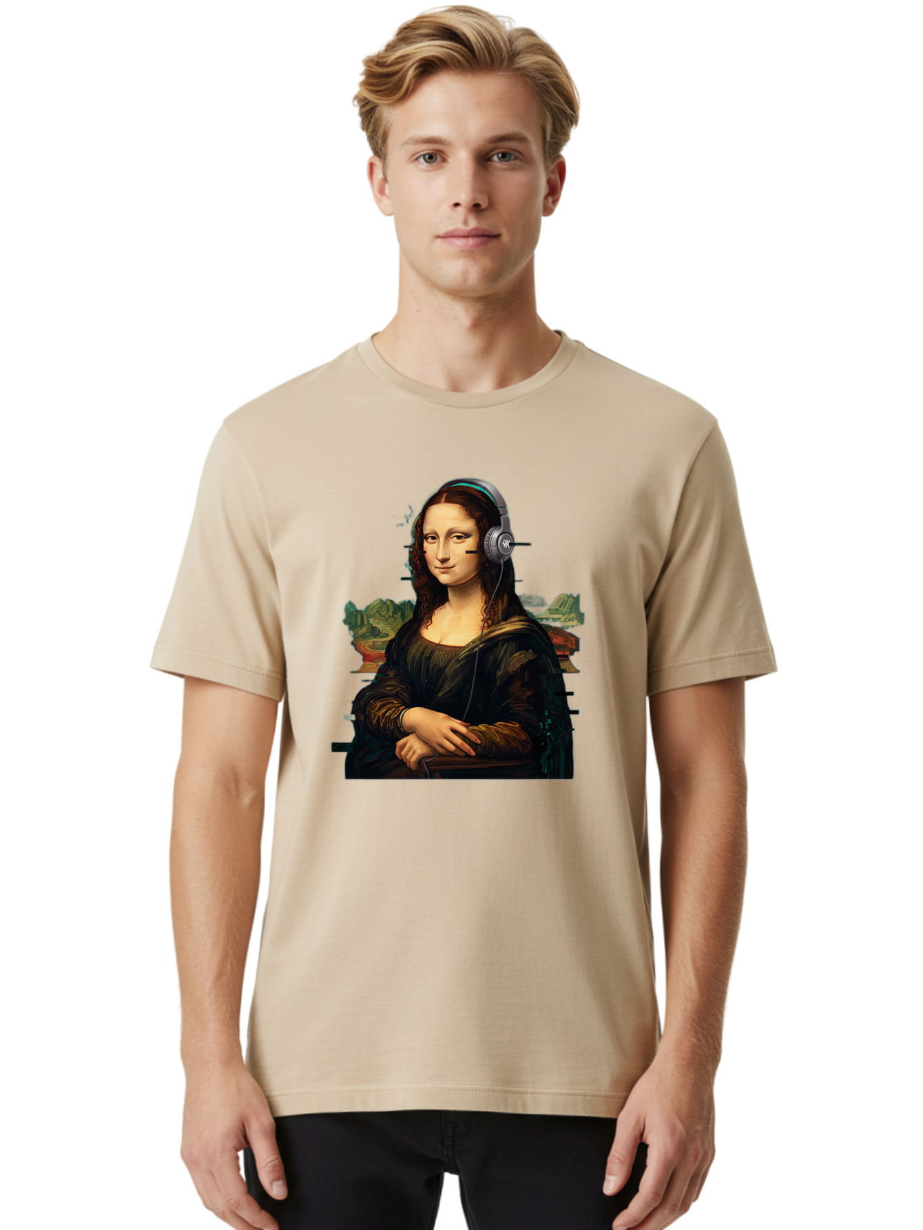 Mona-Lisa-Headphones-3 Men'S Graphic Tee, 100% Cotton, Comfortable Casual Summer Wear, Machine Washable, Vintage Camera, Old Camera, Antique Camera, Black Camera, Classic Photography, Photography Equipment, Nostalgic Device, Film Camera, Bam903