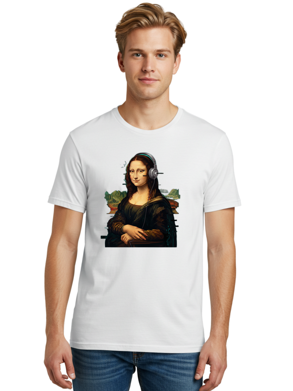 Mona-Lisa-Headphones-3 Men'S Graphic Tee, 100% Cotton, Comfortable Casual Summer Wear, Machine Washable, Vintage Camera, Old Camera, Antique Camera, Black Camera, Classic Photography, Photography Equipment, Nostalgic Device, Film Camera, Bam903