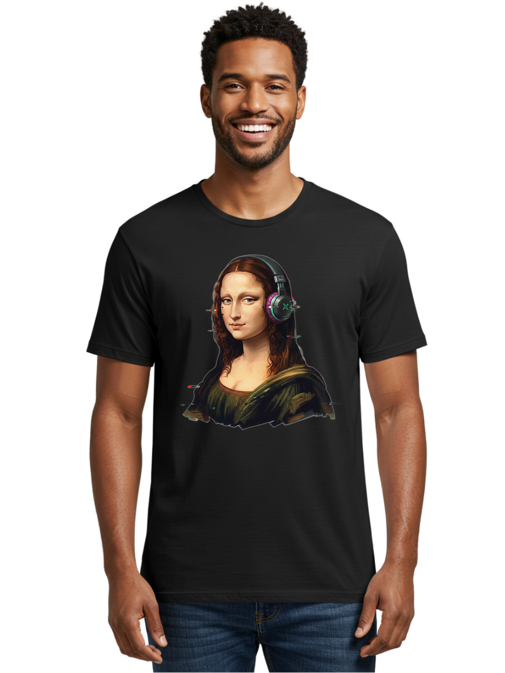 Mona-Lisa-Headphones Men'S Graphic Tee, 100% Cotton, Comfortable Casual Summer Wear, Machine Washable, Vintage Camera, Old Camera, Antique Camera, Black Camera, Classic Photography, Photography Equipment, Nostalgic Device, Film Camera, Bam904