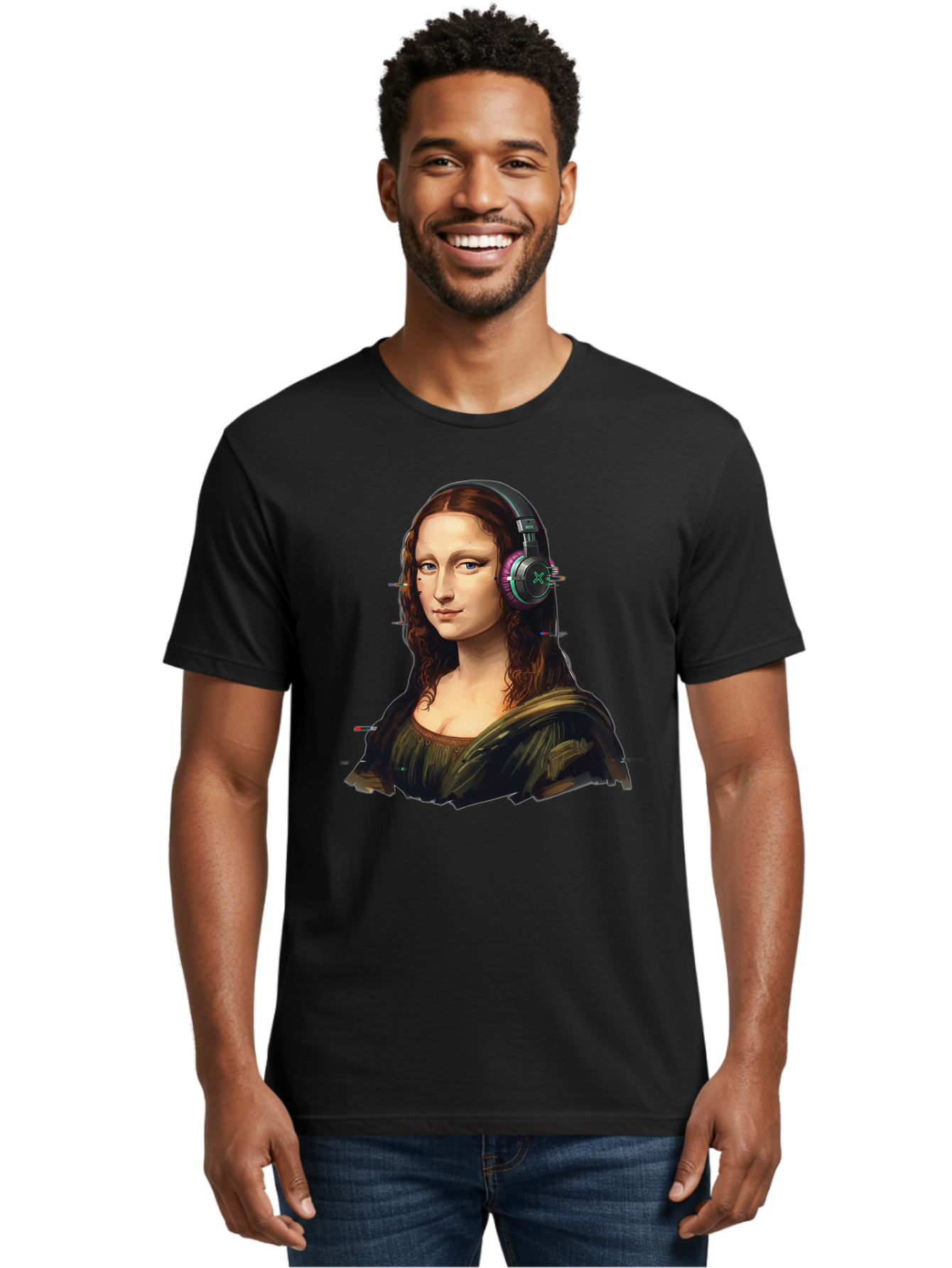Mona-Lisa-Headphones Men'S Graphic Tee, 100% Cotton, Comfortable Casual Summer Wear, Machine Washable, Vintage Camera, Old Camera, Antique Camera, Black Camera, Classic Photography, Photography Equipment, Nostalgic Device, Film Camera, Bam904