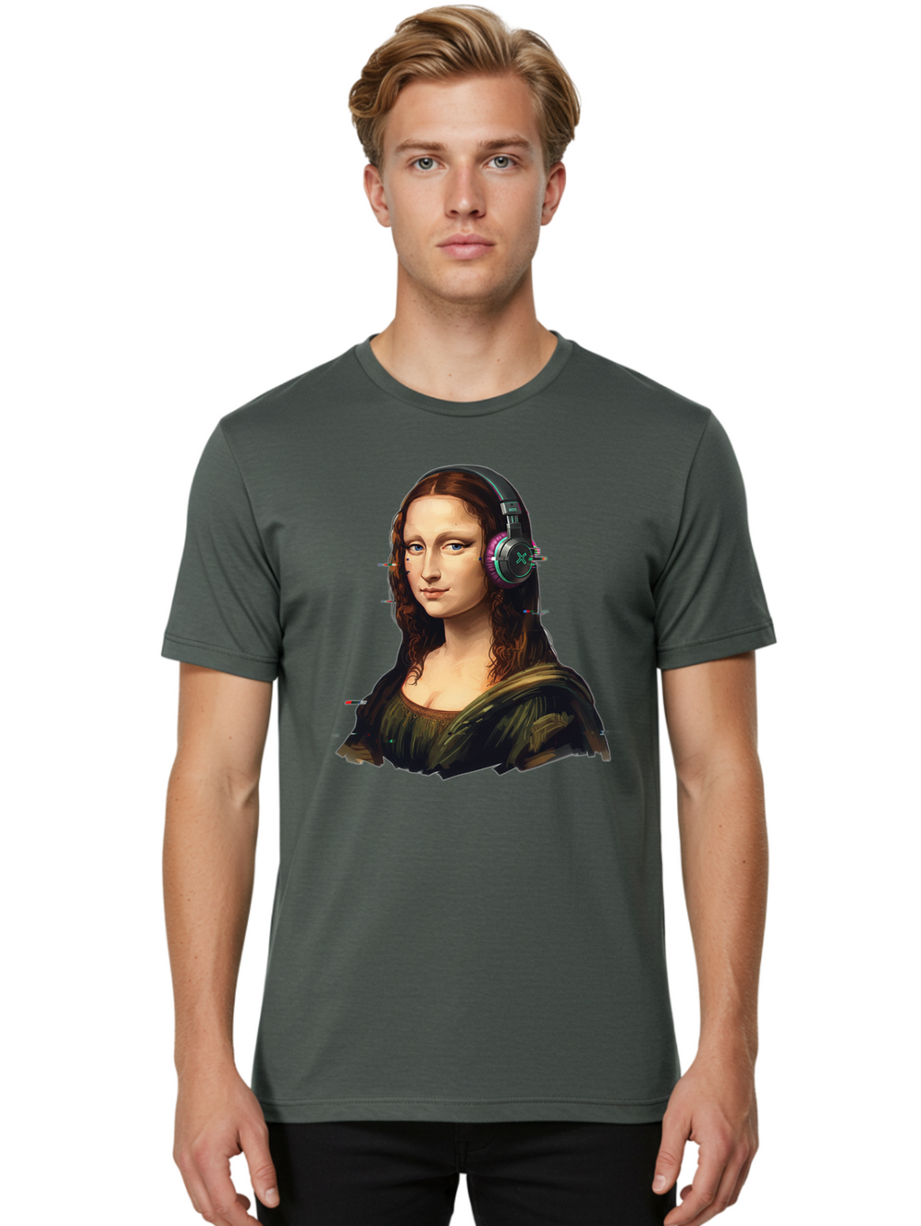 Mona-Lisa-Headphones Men'S Graphic Tee, 100% Cotton, Comfortable Casual Summer Wear, Machine Washable, Vintage Camera, Old Camera, Antique Camera, Black Camera, Classic Photography, Photography Equipment, Nostalgic Device, Film Camera, Bam904