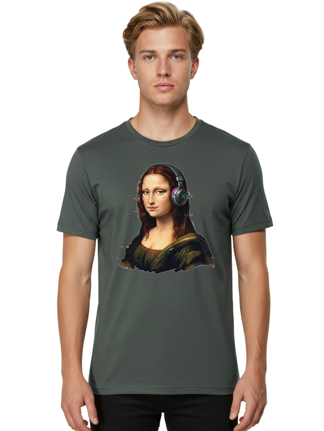 Mona-Lisa-Headphones Men'S Graphic Tee, 100% Cotton, Comfortable Casual Summer Wear, Machine Washable, Vintage Camera, Old Camera, Antique Camera, Black Camera, Classic Photography, Photography Equipment, Nostalgic Device, Film Camera, Bam904