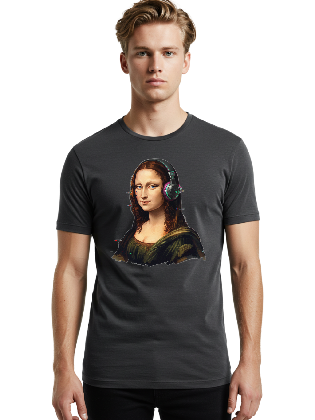 Mona-Lisa-Headphones Men'S Graphic Tee, 100% Cotton, Comfortable Casual Summer Wear, Machine Washable, Vintage Camera, Old Camera, Antique Camera, Black Camera, Classic Photography, Photography Equipment, Nostalgic Device, Film Camera, Bam904