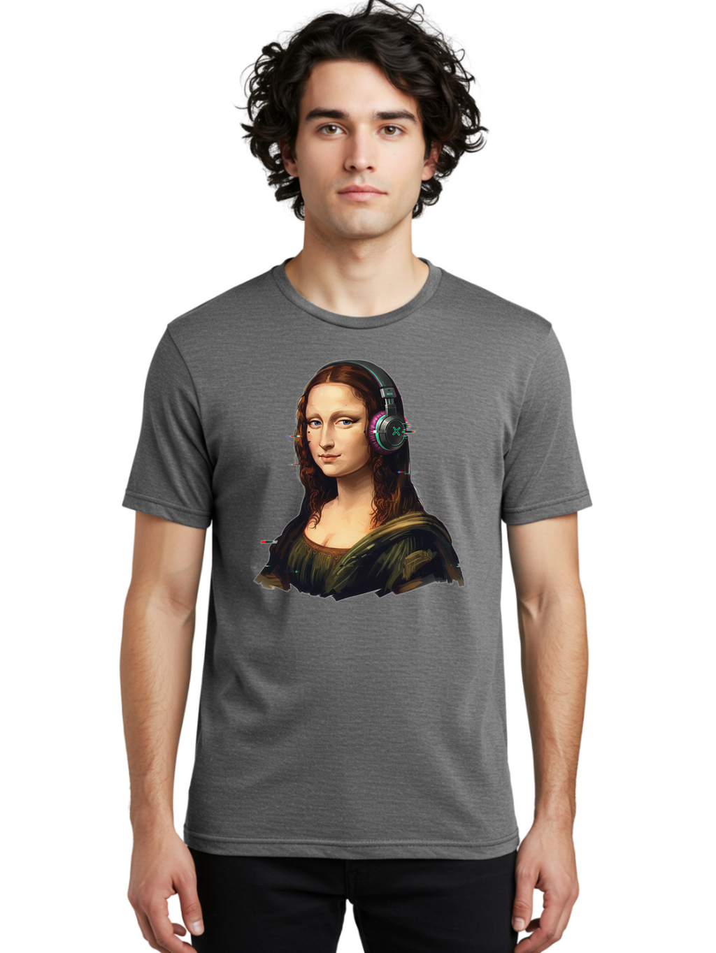 Mona-Lisa-Headphones Men'S Graphic Tee, 100% Cotton, Comfortable Casual Summer Wear, Machine Washable, Vintage Camera, Old Camera, Antique Camera, Black Camera, Classic Photography, Photography Equipment, Nostalgic Device, Film Camera, Bam904