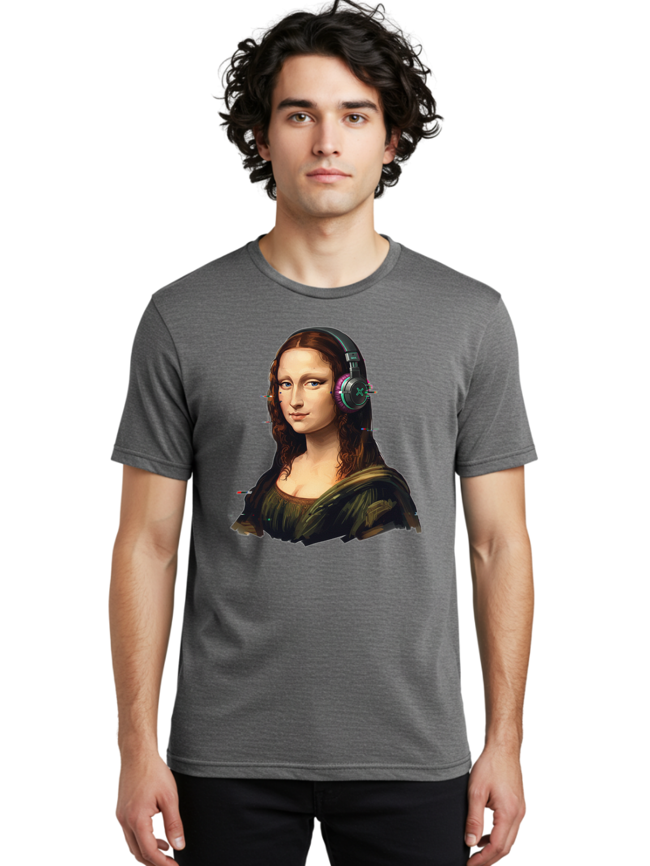 Mona-Lisa-Headphones Men'S Graphic Tee, 100% Cotton, Comfortable Casual Summer Wear, Machine Washable, Vintage Camera, Old Camera, Antique Camera, Black Camera, Classic Photography, Photography Equipment, Nostalgic Device, Film Camera, Bam904
