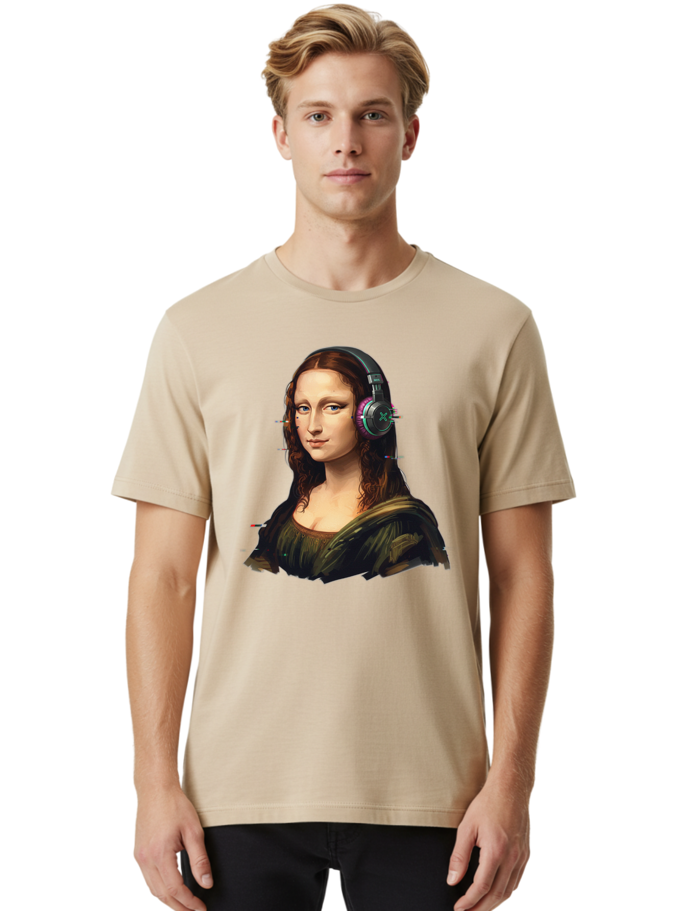 Mona-Lisa-Headphones Men'S Graphic Tee, 100% Cotton, Comfortable Casual Summer Wear, Machine Washable, Vintage Camera, Old Camera, Antique Camera, Black Camera, Classic Photography, Photography Equipment, Nostalgic Device, Film Camera, Bam904
