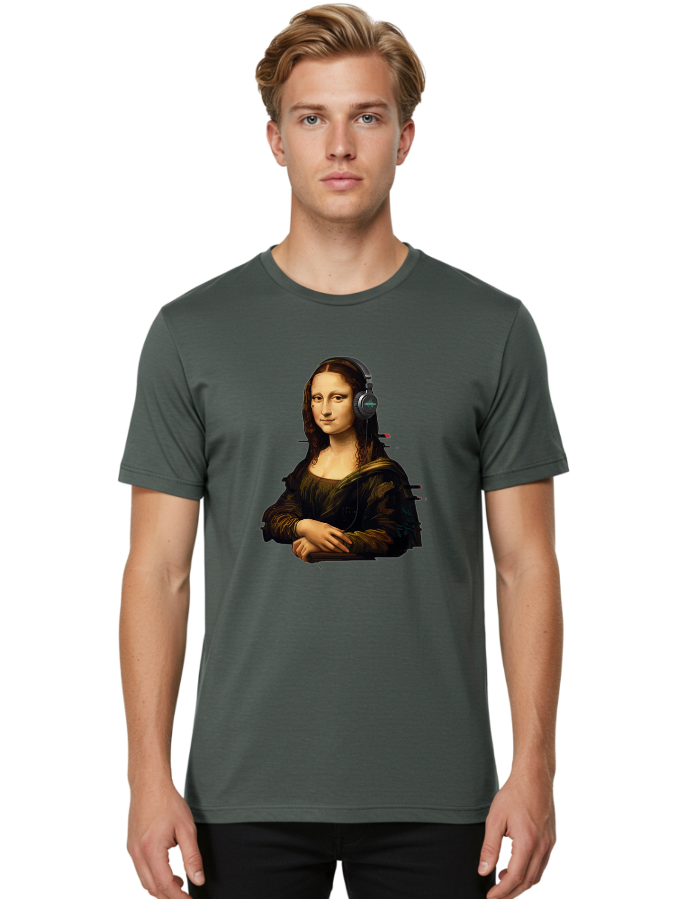Mona-Lisa-Wearing-Headphones-1 Men'S Graphic Tee, 100% Cotton, Comfortable Casual Summer Wear, Machine Washable, Vintage Camera, Old Camera, Antique Camera, Black Camera, Classic Photography, Photography Equipment, Nostalgic Device, Bam905