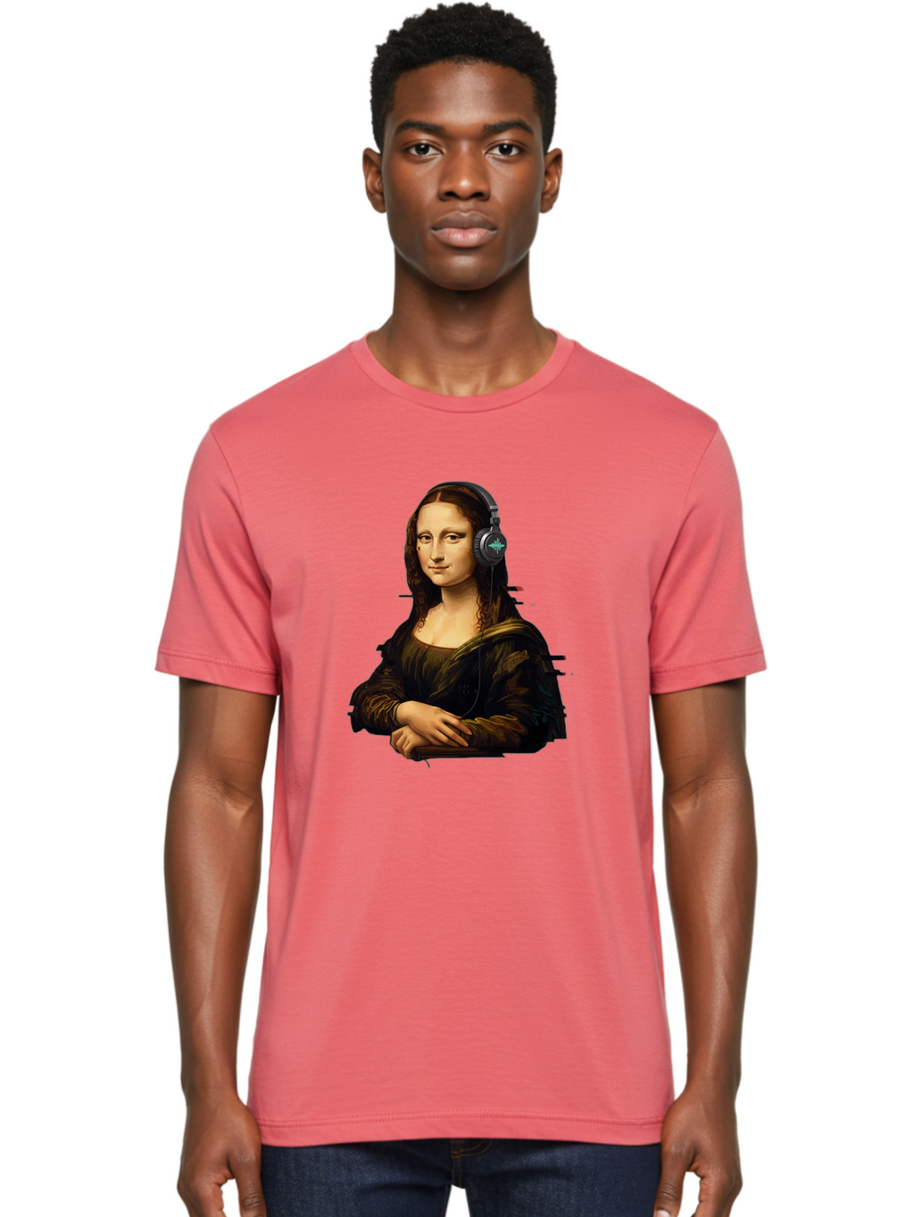 Mona-Lisa-Wearing-Headphones-1 Men'S Graphic Tee, 100% Cotton, Comfortable Casual Summer Wear, Machine Washable, Vintage Camera, Old Camera, Antique Camera, Black Camera, Classic Photography, Photography Equipment, Nostalgic Device, Bam905