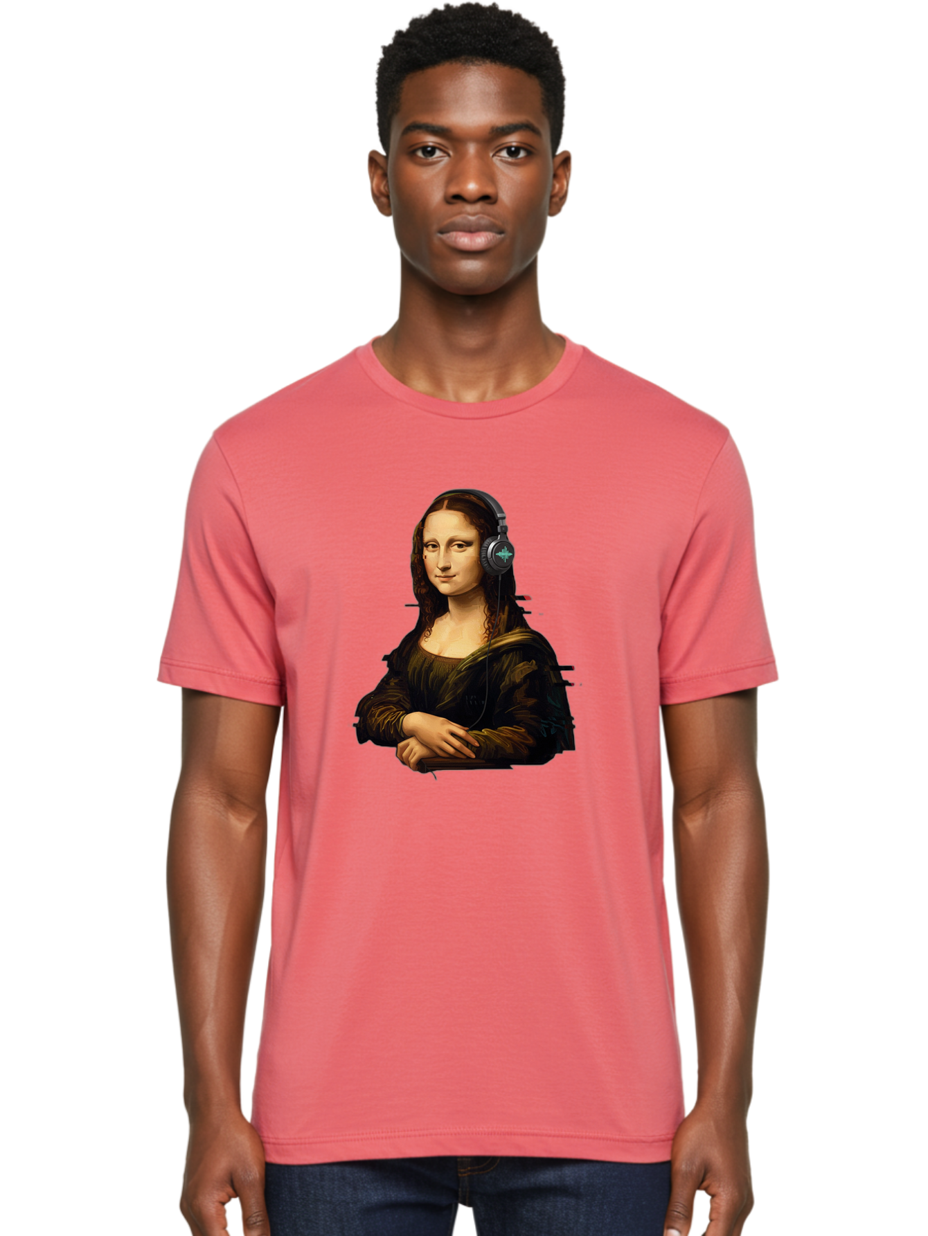 Mona-Lisa-Wearing-Headphones-1 Men'S Graphic Tee, 100% Cotton, Comfortable Casual Summer Wear, Machine Washable, Vintage Camera, Old Camera, Antique Camera, Black Camera, Classic Photography, Photography Equipment, Nostalgic Device, Bam905