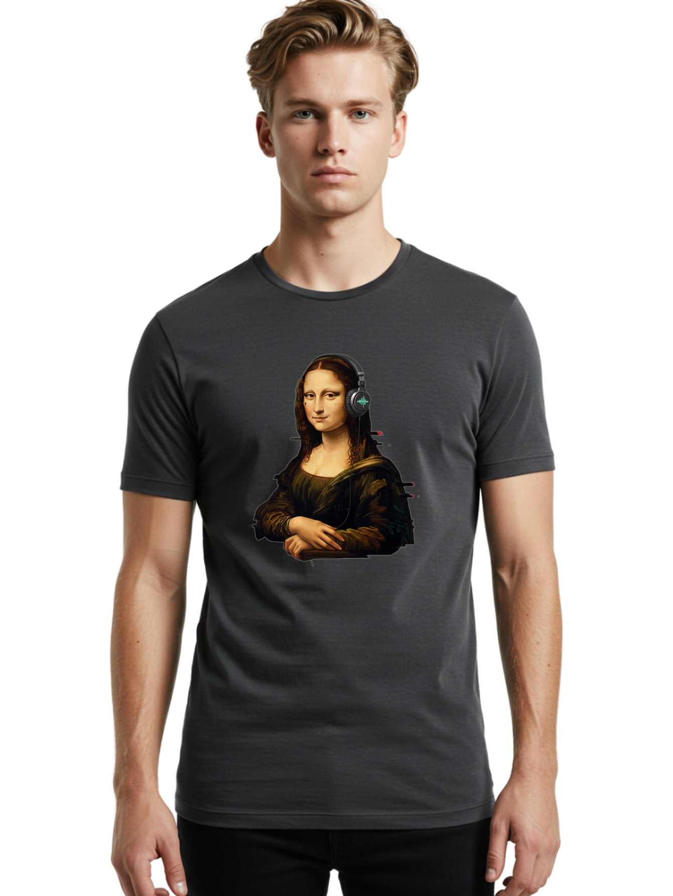 Mona-Lisa-Wearing-Headphones-1 Men'S Graphic Tee, 100% Cotton, Comfortable Casual Summer Wear, Machine Washable, Vintage Camera, Old Camera, Antique Camera, Black Camera, Classic Photography, Photography Equipment, Nostalgic Device, Bam905