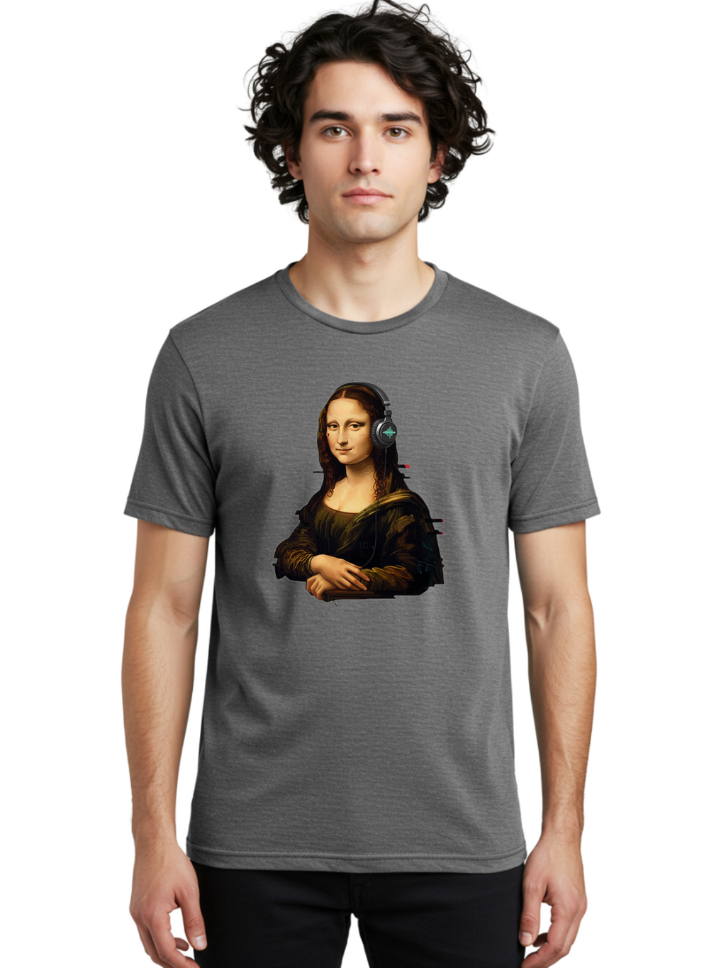 Mona-Lisa-Wearing-Headphones-1 Men'S Graphic Tee, 100% Cotton, Comfortable Casual Summer Wear, Machine Washable, Vintage Camera, Old Camera, Antique Camera, Black Camera, Classic Photography, Photography Equipment, Nostalgic Device, Bam905