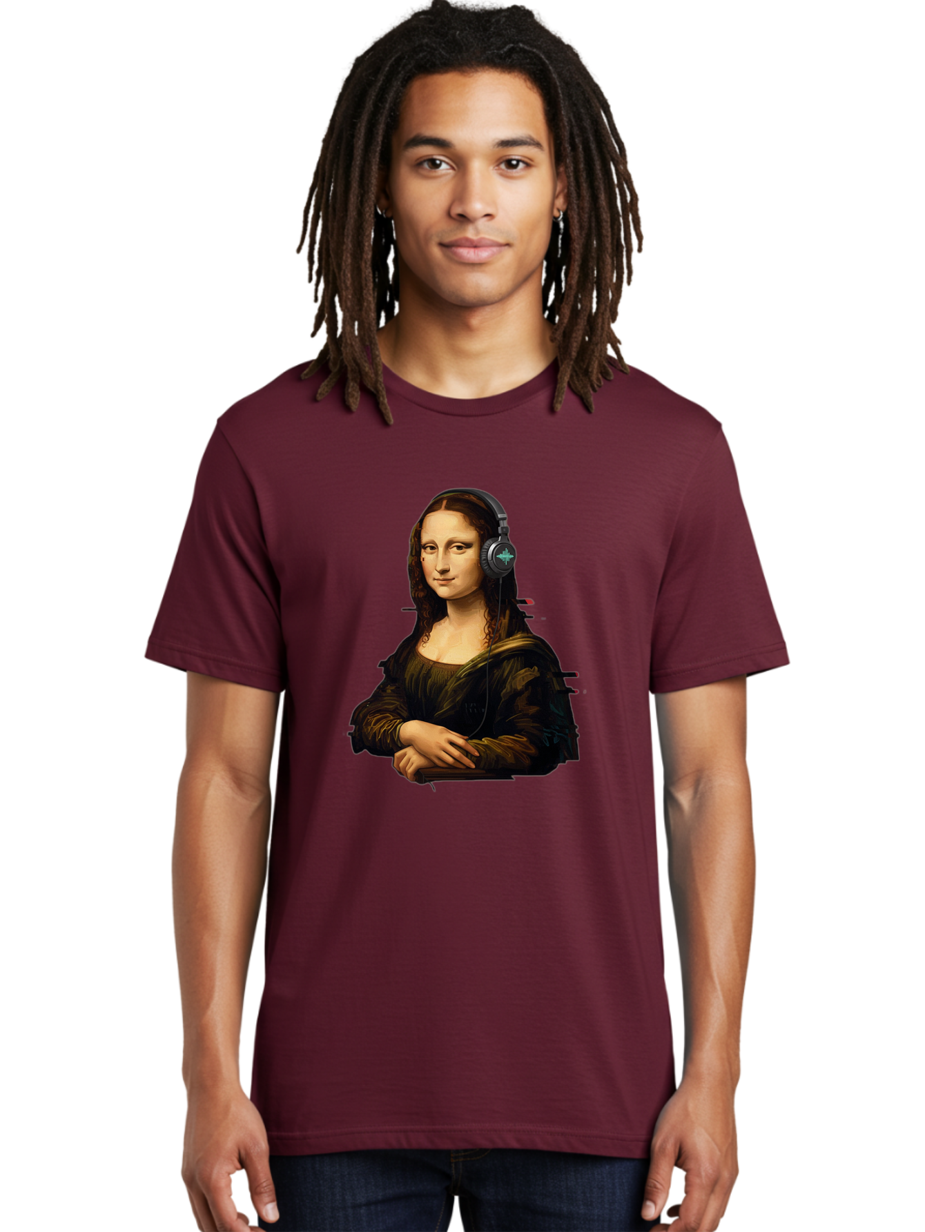 Mona-Lisa-Wearing-Headphones-1 Men'S Graphic Tee, 100% Cotton, Comfortable Casual Summer Wear, Machine Washable, Vintage Camera, Old Camera, Antique Camera, Black Camera, Classic Photography, Photography Equipment, Nostalgic Device, Bam905