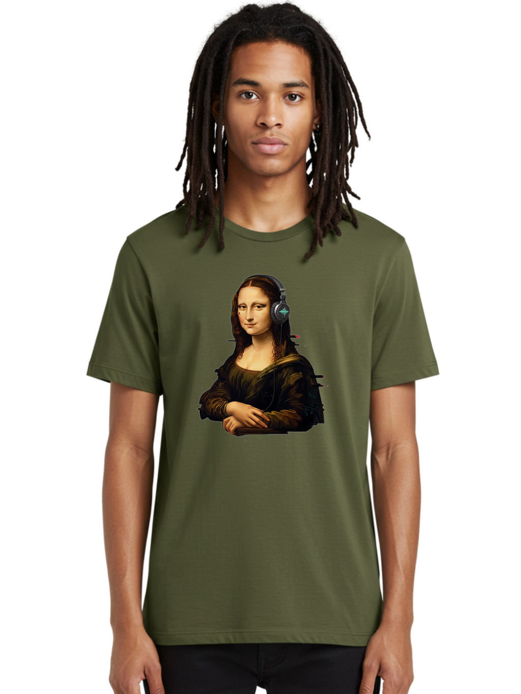 Mona-Lisa-Wearing-Headphones-1 Men'S Graphic Tee, 100% Cotton, Comfortable Casual Summer Wear, Machine Washable, Vintage Camera, Old Camera, Antique Camera, Black Camera, Classic Photography, Photography Equipment, Nostalgic Device, Bam905