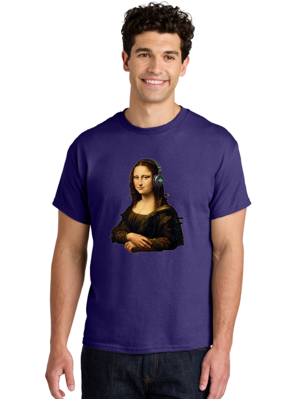 Mona-Lisa-Wearing-Headphones-1 Men'S Graphic Tee, 100% Cotton, Comfortable Casual Summer Wear, Machine Washable, Vintage Camera, Old Camera, Antique Camera, Black Camera, Classic Photography, Photography Equipment, Nostalgic Device, Bam905