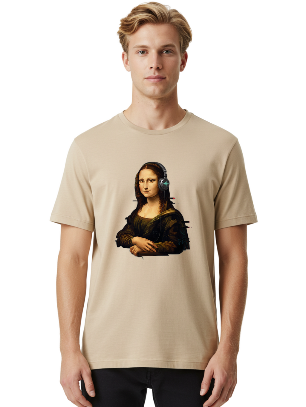 Mona-Lisa-Wearing-Headphones-1 Men'S Graphic Tee, 100% Cotton, Comfortable Casual Summer Wear, Machine Washable, Vintage Camera, Old Camera, Antique Camera, Black Camera, Classic Photography, Photography Equipment, Nostalgic Device, Bam905