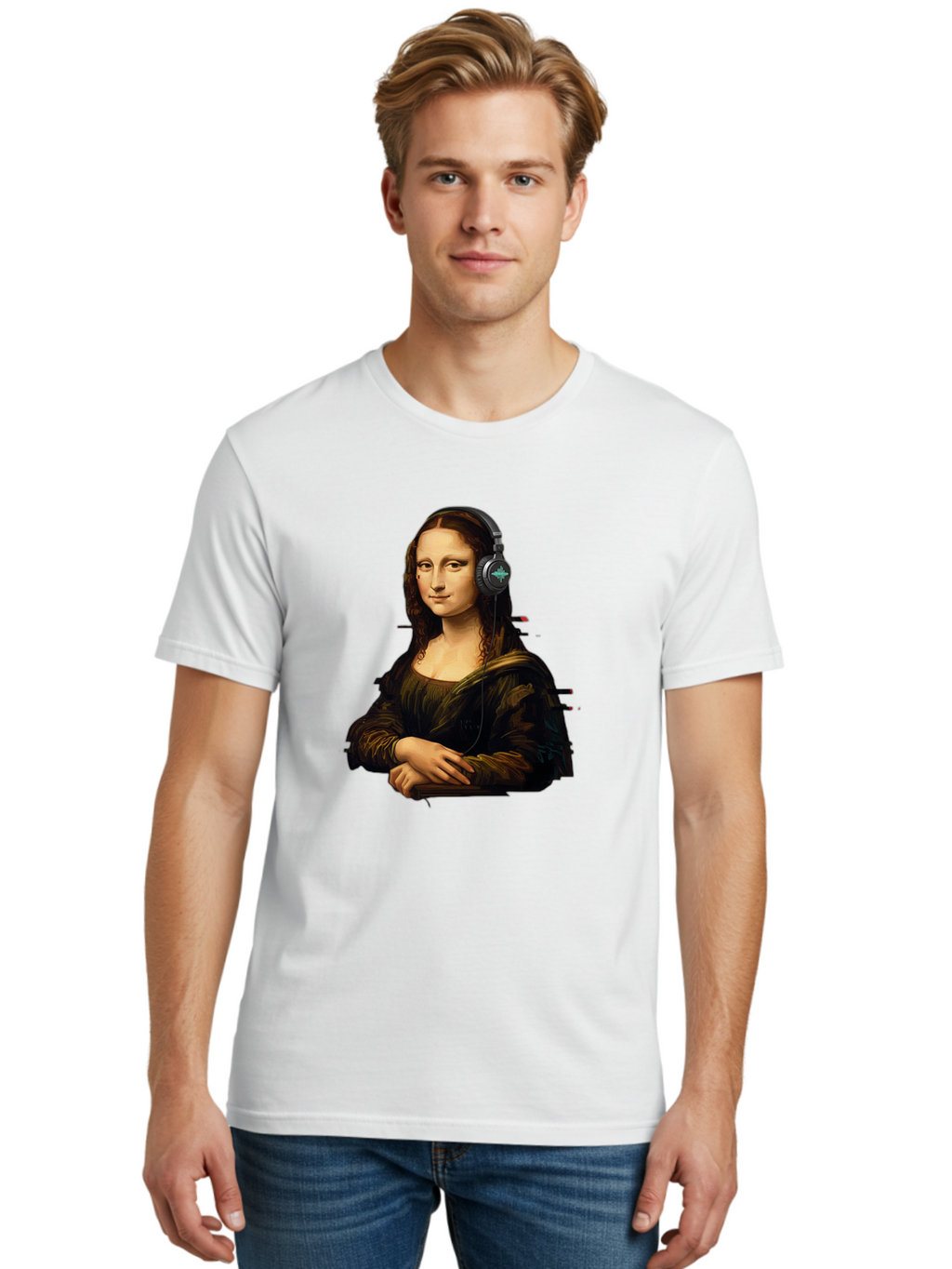 Mona-Lisa-Wearing-Headphones-1 Men'S Graphic Tee, 100% Cotton, Comfortable Casual Summer Wear, Machine Washable, Vintage Camera, Old Camera, Antique Camera, Black Camera, Classic Photography, Photography Equipment, Nostalgic Device, Bam905