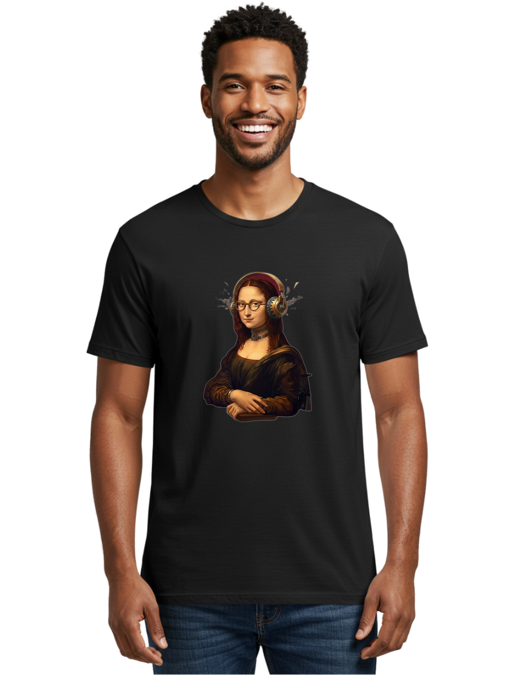Mona-Lisa-Wearing-Headphones Men'S Graphic Tee, 100% Cotton, Comfortable Casual Summer Wear, Machine Washable, Vintage Camera, Old Camera, Antique Camera, Black Camera, Classic Photography, Photography Equipment, Nostalgic Device, Film Camera, Bam906