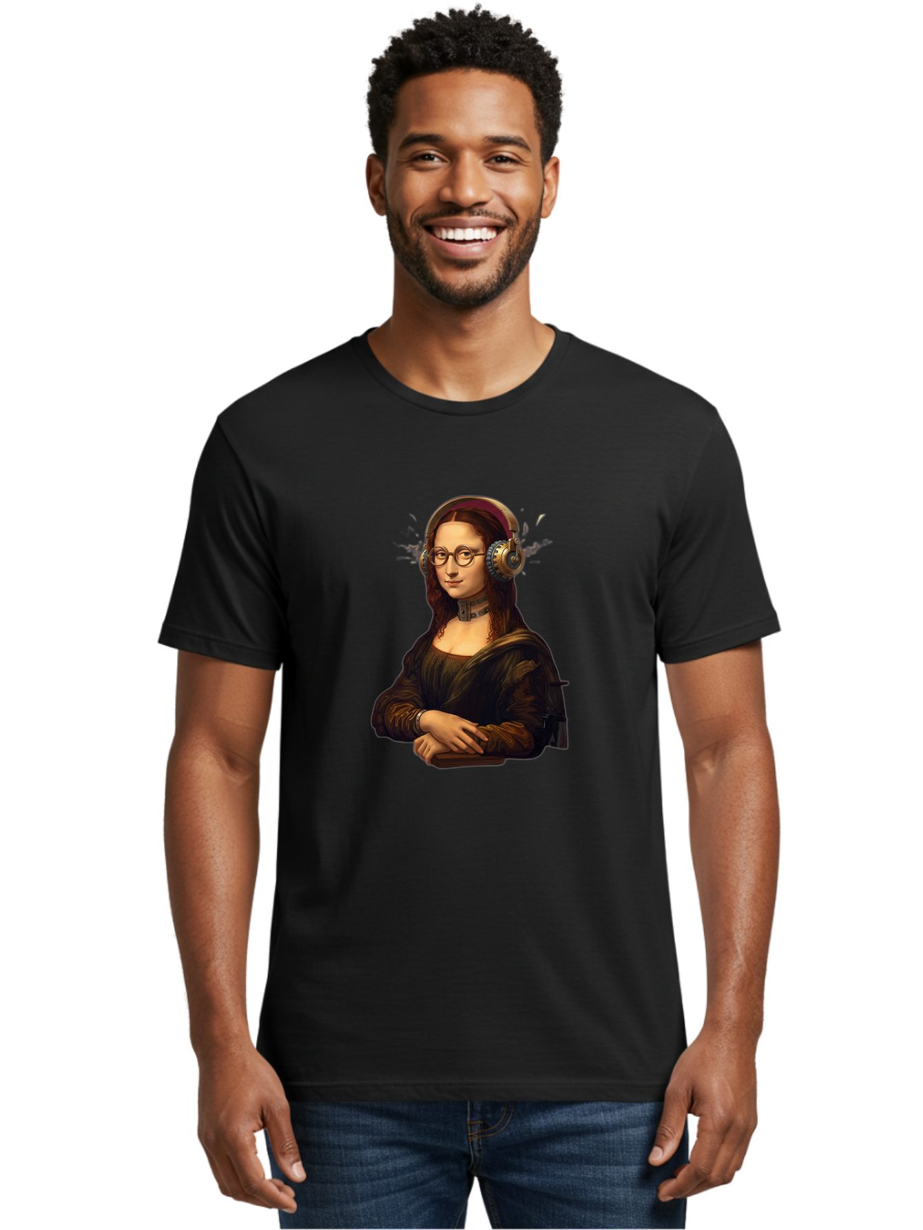 Mona-Lisa-Wearing-Headphones Men'S Graphic Tee, 100% Cotton, Comfortable Casual Summer Wear, Machine Washable, Vintage Camera, Old Camera, Antique Camera, Black Camera, Classic Photography, Photography Equipment, Nostalgic Device, Film Camera, Bam906