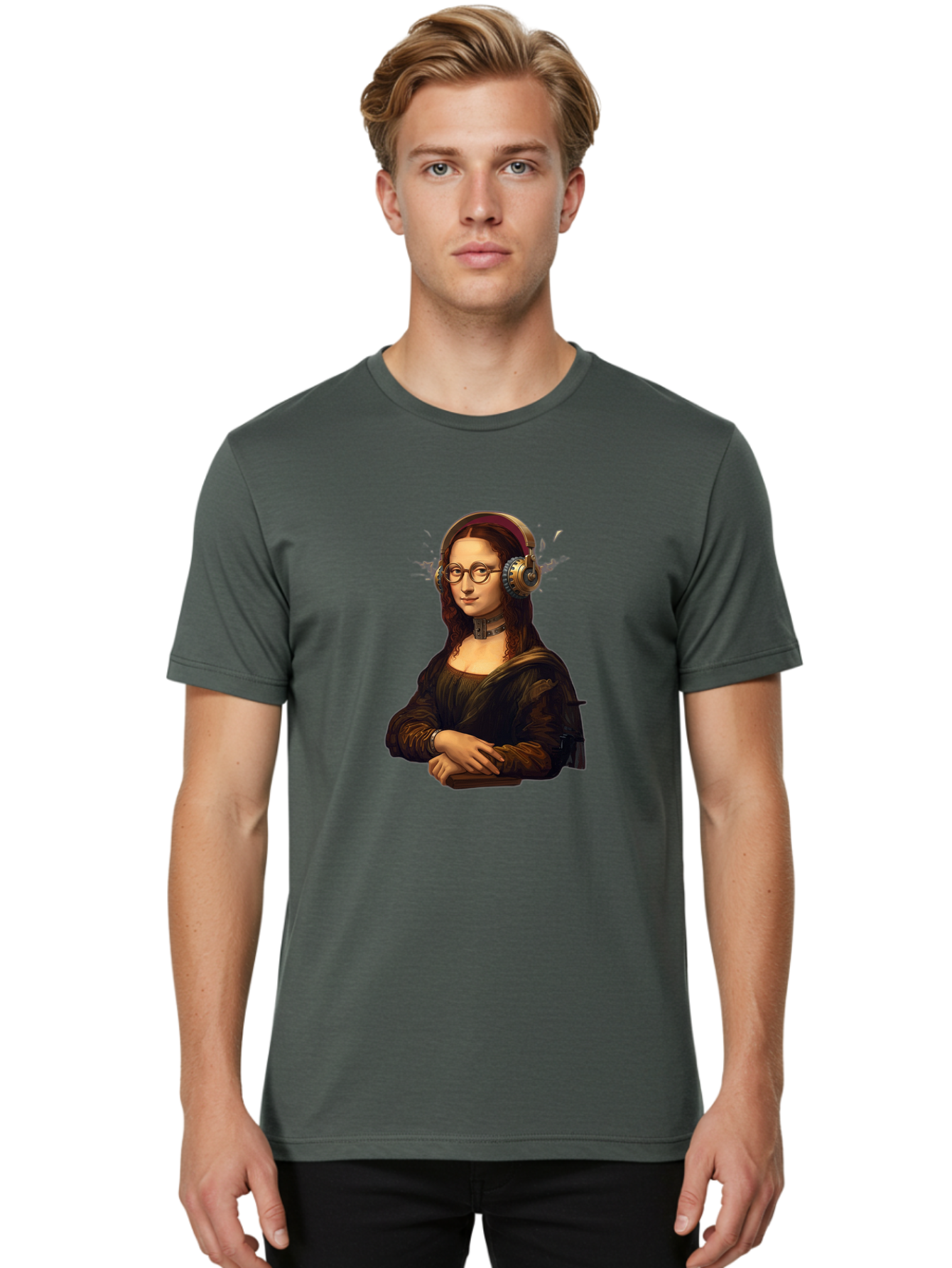 Mona-Lisa-Wearing-Headphones Men'S Graphic Tee, 100% Cotton, Comfortable Casual Summer Wear, Machine Washable, Vintage Camera, Old Camera, Antique Camera, Black Camera, Classic Photography, Photography Equipment, Nostalgic Device, Film Camera, Bam906