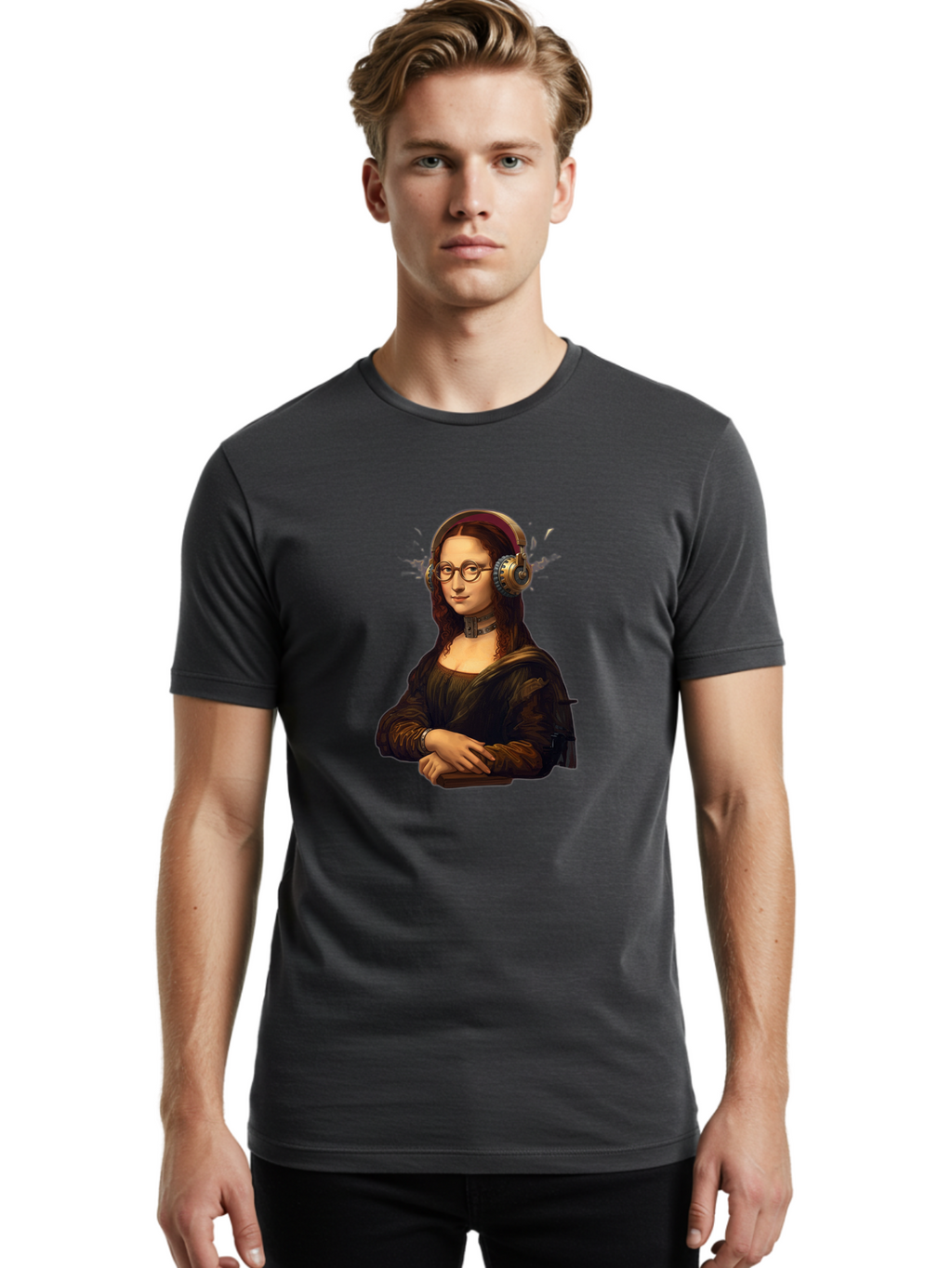 Mona-Lisa-Wearing-Headphones Men'S Graphic Tee, 100% Cotton, Comfortable Casual Summer Wear, Machine Washable, Vintage Camera, Old Camera, Antique Camera, Black Camera, Classic Photography, Photography Equipment, Nostalgic Device, Film Camera, Bam906