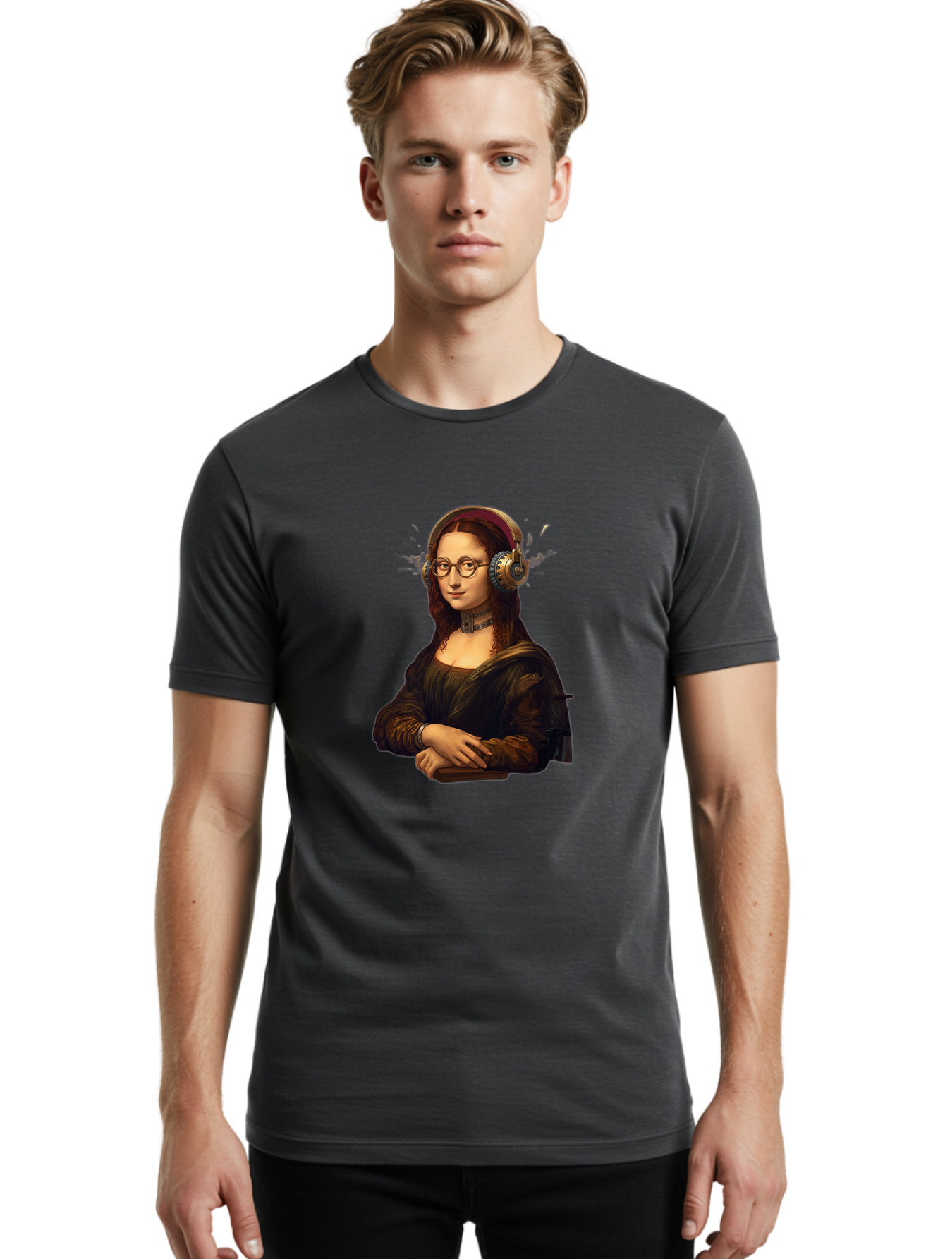 Mona-Lisa-Wearing-Headphones Men'S Graphic Tee, 100% Cotton, Comfortable Casual Summer Wear, Machine Washable, Vintage Camera, Old Camera, Antique Camera, Black Camera, Classic Photography, Photography Equipment, Nostalgic Device, Film Camera, Bam906
