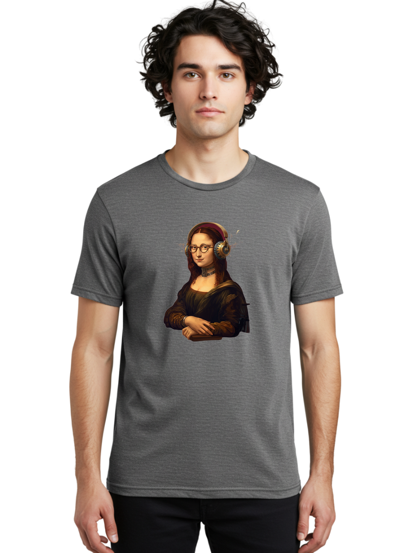 Mona-Lisa-Wearing-Headphones Men'S Graphic Tee, 100% Cotton, Comfortable Casual Summer Wear, Machine Washable, Vintage Camera, Old Camera, Antique Camera, Black Camera, Classic Photography, Photography Equipment, Nostalgic Device, Film Camera, Bam906