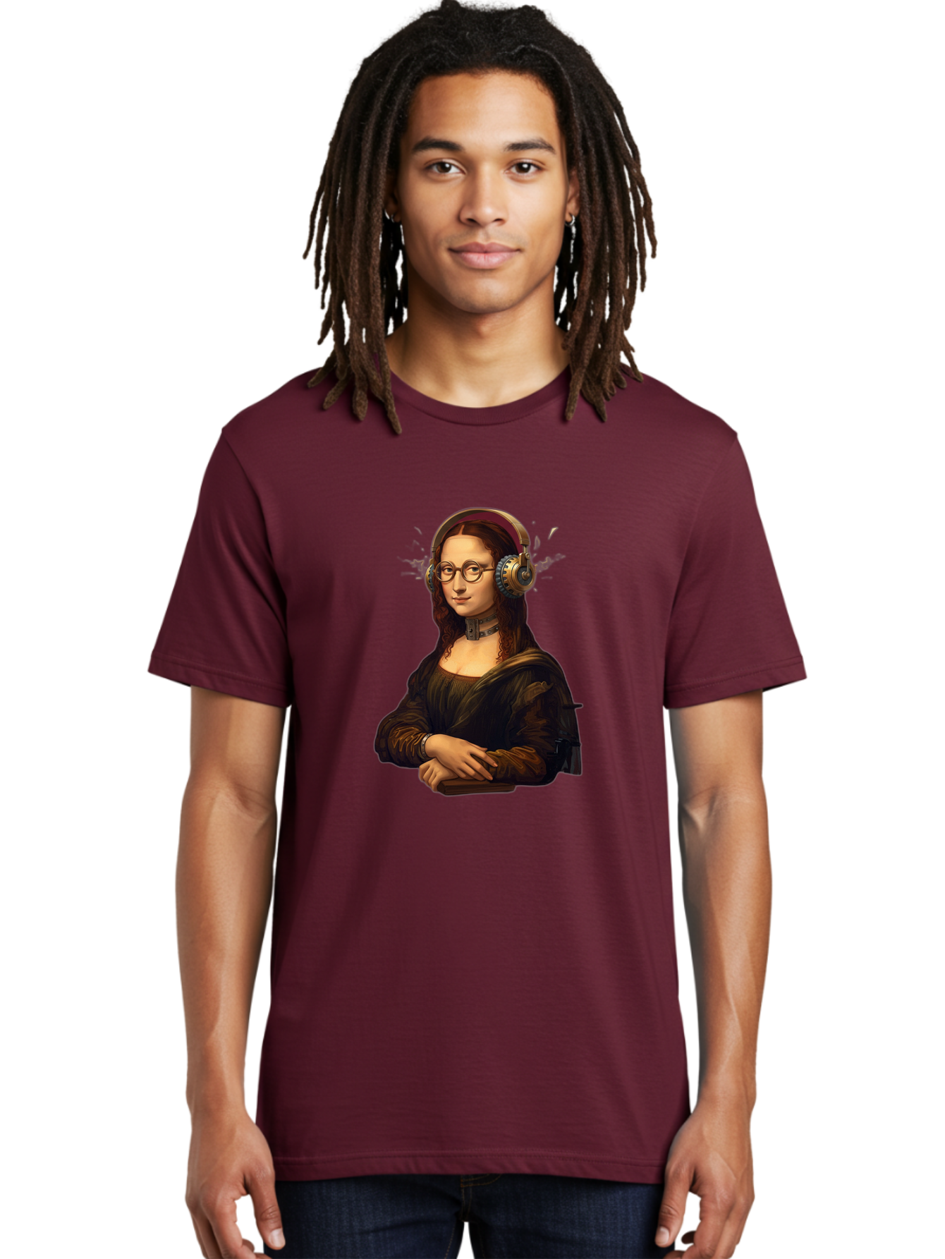 Mona-Lisa-Wearing-Headphones Men'S Graphic Tee, 100% Cotton, Comfortable Casual Summer Wear, Machine Washable, Vintage Camera, Old Camera, Antique Camera, Black Camera, Classic Photography, Photography Equipment, Nostalgic Device, Film Camera, Bam906