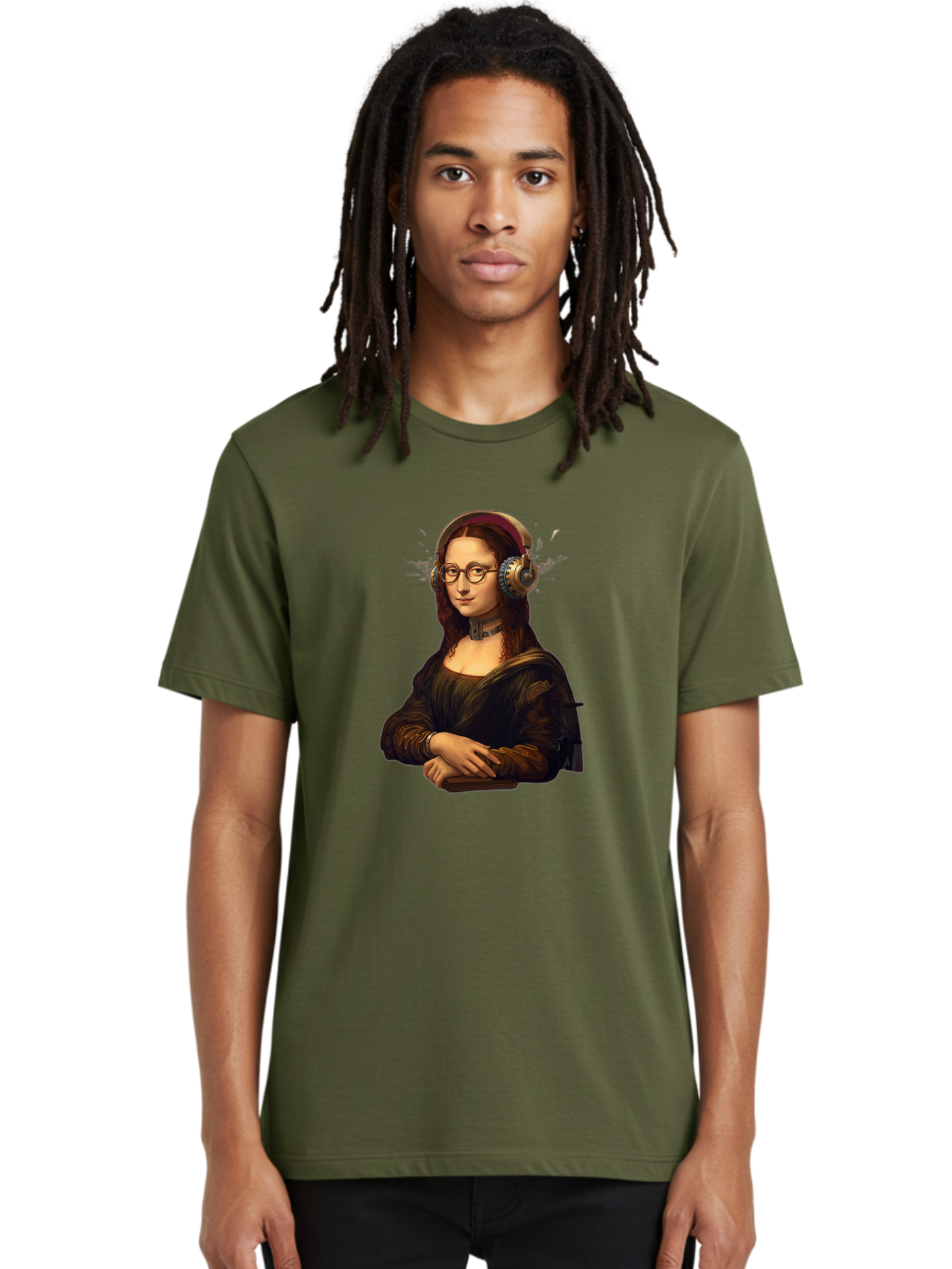 Mona-Lisa-Wearing-Headphones Men'S Graphic Tee, 100% Cotton, Comfortable Casual Summer Wear, Machine Washable, Vintage Camera, Old Camera, Antique Camera, Black Camera, Classic Photography, Photography Equipment, Nostalgic Device, Film Camera, Bam906