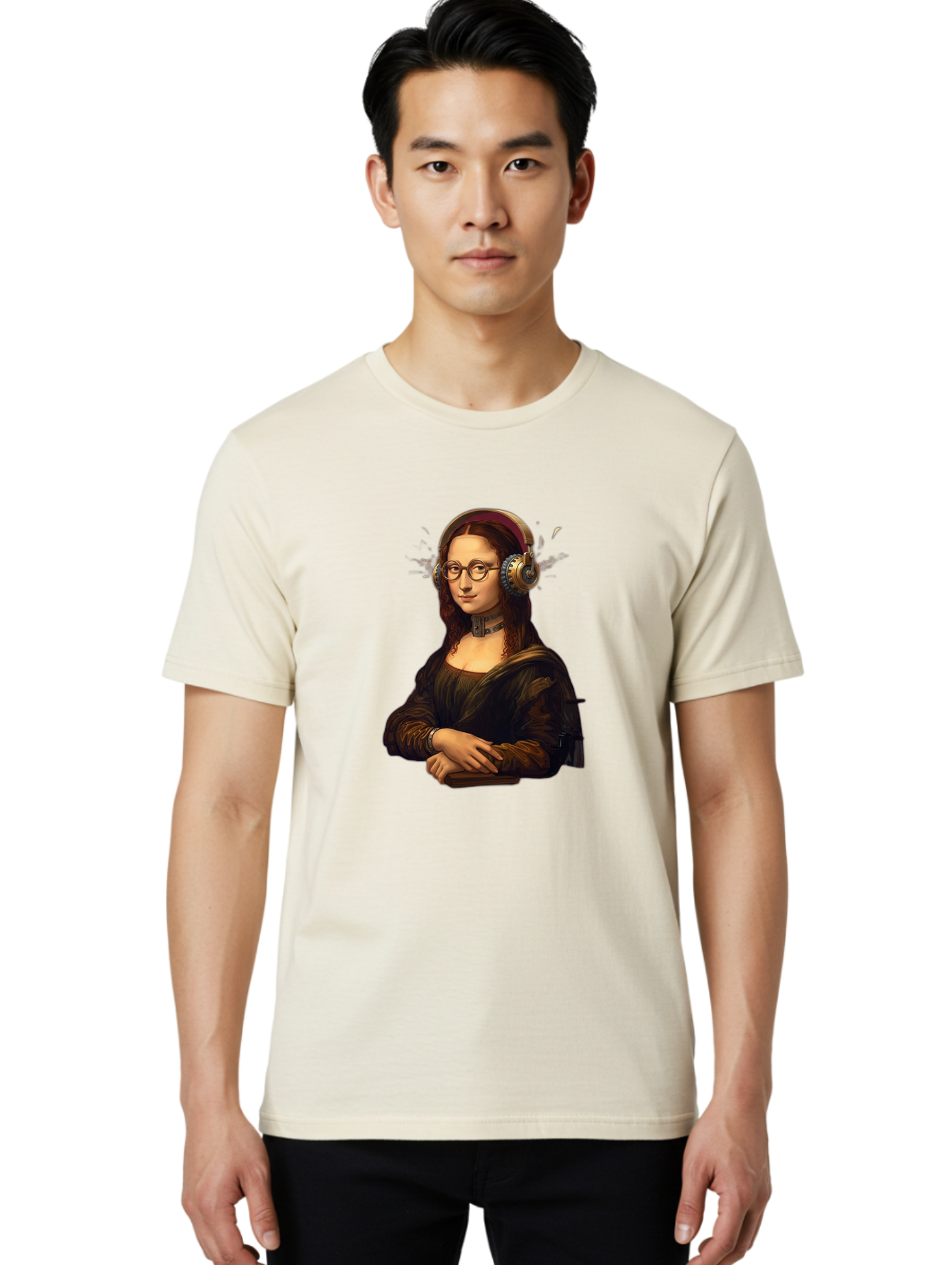 Mona-Lisa-Wearing-Headphones Men'S Graphic Tee, 100% Cotton, Comfortable Casual Summer Wear, Machine Washable, Vintage Camera, Old Camera, Antique Camera, Black Camera, Classic Photography, Photography Equipment, Nostalgic Device, Film Camera, Bam906