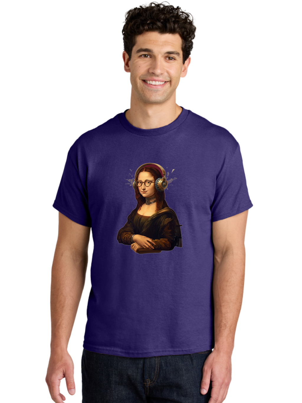 Mona-Lisa-Wearing-Headphones Men'S Graphic Tee, 100% Cotton, Comfortable Casual Summer Wear, Machine Washable, Vintage Camera, Old Camera, Antique Camera, Black Camera, Classic Photography, Photography Equipment, Nostalgic Device, Film Camera, Bam906