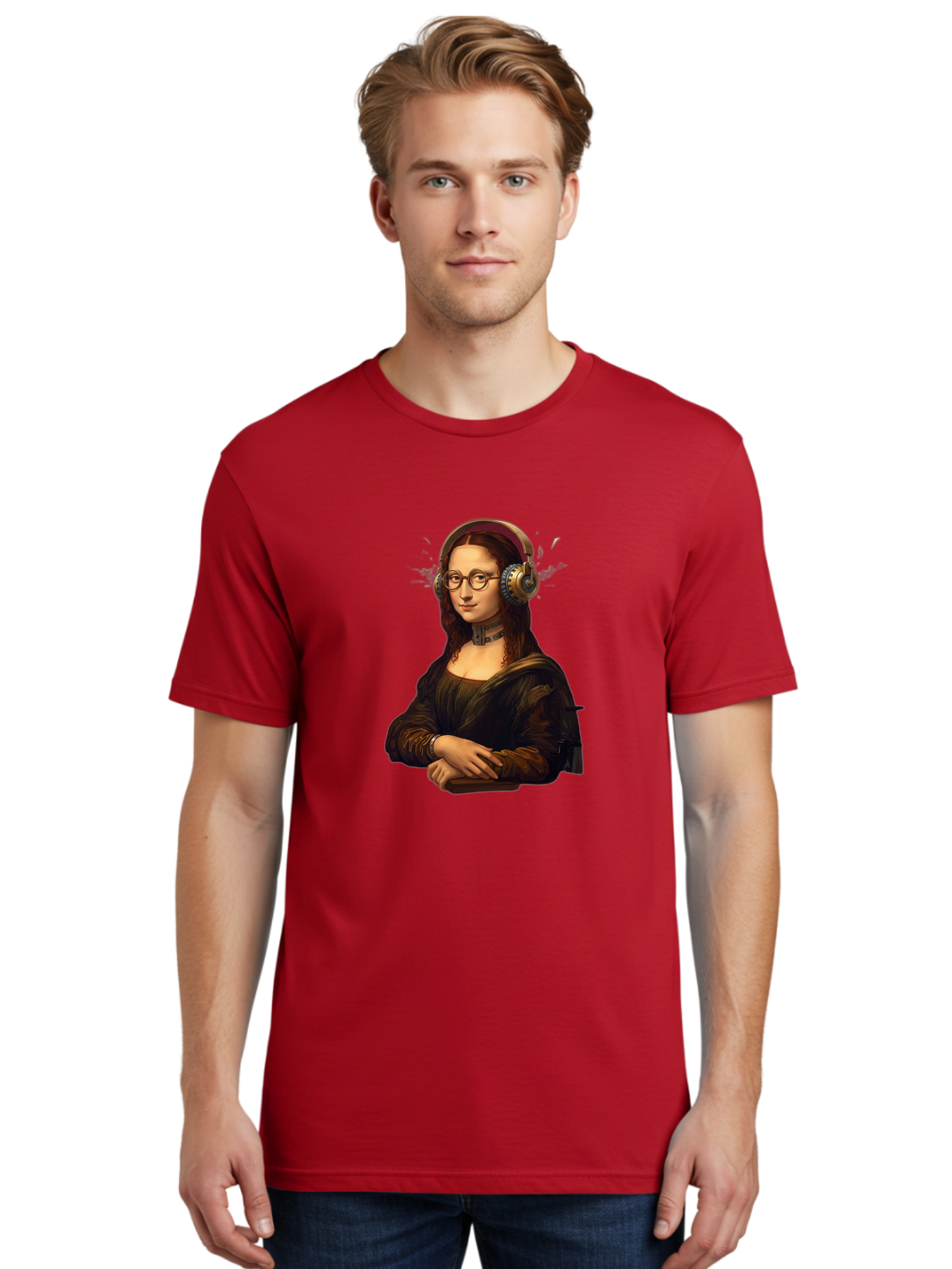 Mona-Lisa-Wearing-Headphones Men'S Graphic Tee, 100% Cotton, Comfortable Casual Summer Wear, Machine Washable, Vintage Camera, Old Camera, Antique Camera, Black Camera, Classic Photography, Photography Equipment, Nostalgic Device, Film Camera, Bam906
