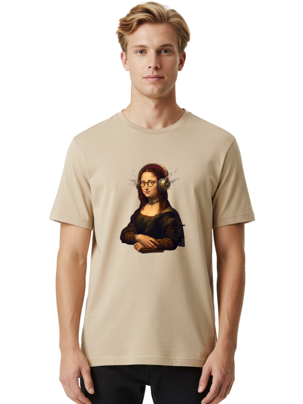 Mona-Lisa-Wearing-Headphones Men'S Graphic Tee, 100% Cotton, Comfortable Casual Summer Wear, Machine Washable, Vintage Camera, Old Camera, Antique Camera, Black Camera, Classic Photography, Photography Equipment, Nostalgic Device, Film Camera, Bam906