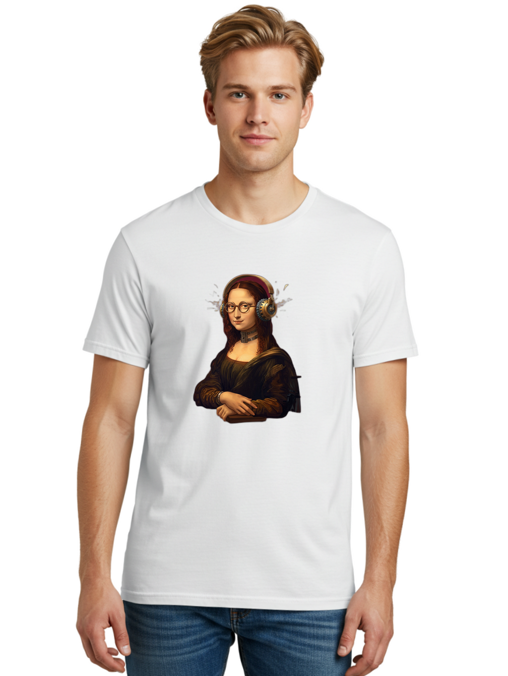 Mona-Lisa-Wearing-Headphones Men'S Graphic Tee, 100% Cotton, Comfortable Casual Summer Wear, Machine Washable, Vintage Camera, Old Camera, Antique Camera, Black Camera, Classic Photography, Photography Equipment, Nostalgic Device, Film Camera, Bam906
