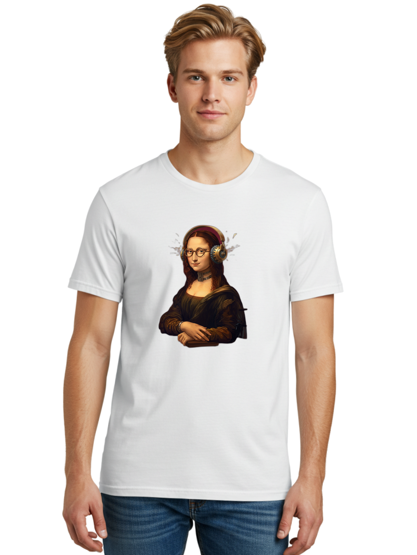 Mona-Lisa-Wearing-Headphones Men'S Graphic Tee, 100% Cotton, Comfortable Casual Summer Wear, Machine Washable, Vintage Camera, Old Camera, Antique Camera, Black Camera, Classic Photography, Photography Equipment, Nostalgic Device, Film Camera, Bam906