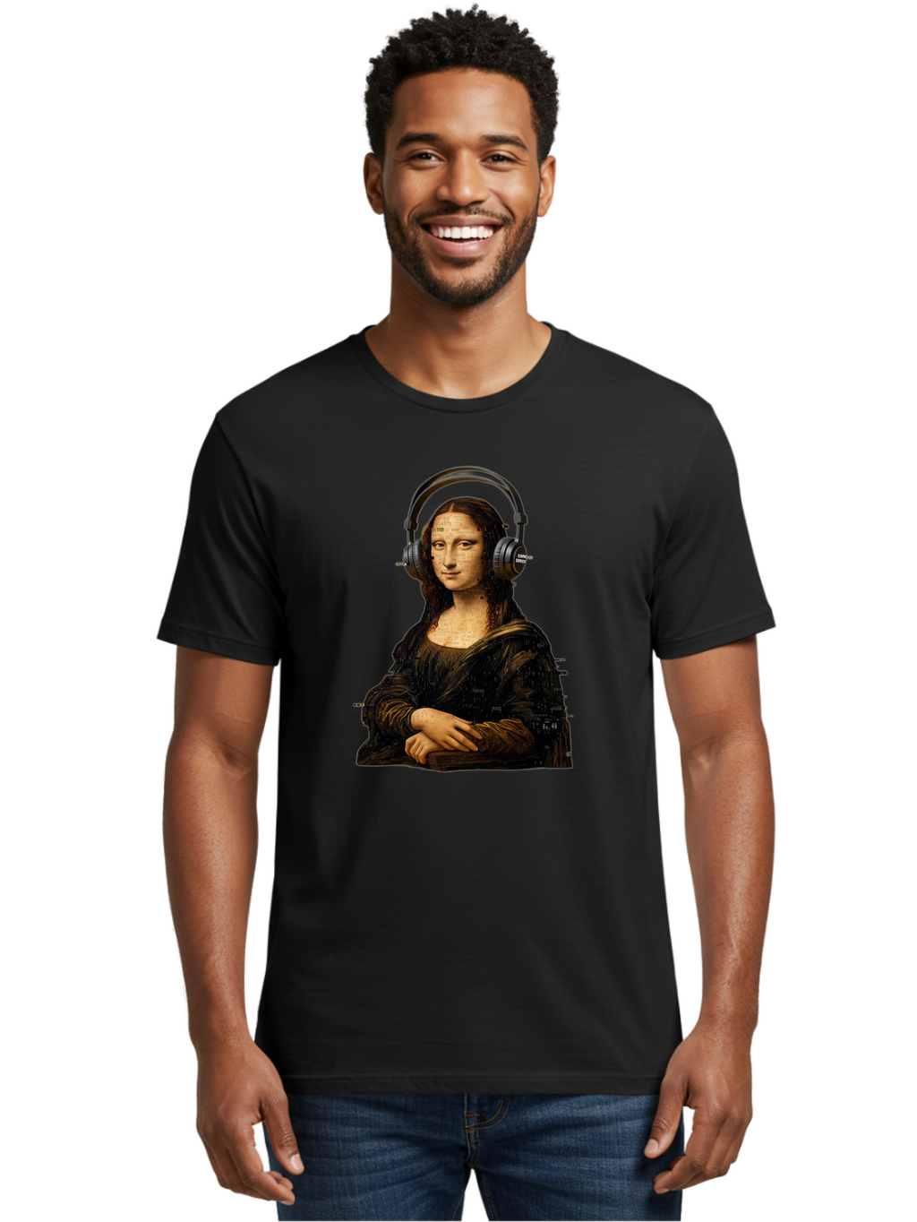 Mona-Lisa-With-Headphones-1 Men'S Graphic Tee, 100% Cotton, Comfortable Casual Summer Wear, Machine Washable, Vintage Camera, Old Camera, Antique Camera, Black Camera, Classic Photography, Photography Equipment, Nostalgic Device, Film Camera, Bam907