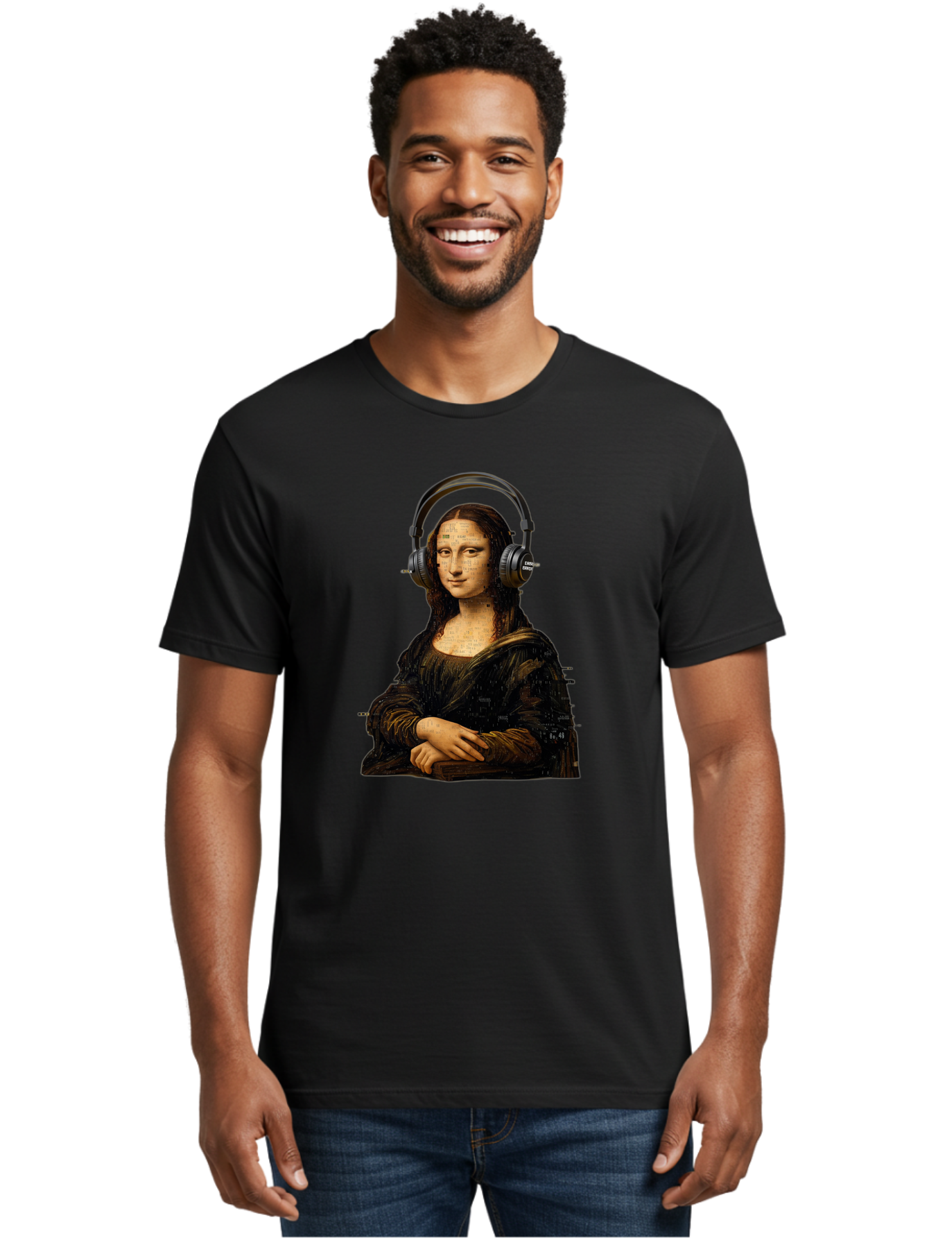 Mona-Lisa-With-Headphones-1 Men'S Graphic Tee, 100% Cotton, Comfortable Casual Summer Wear, Machine Washable, Vintage Camera, Old Camera, Antique Camera, Black Camera, Classic Photography, Photography Equipment, Nostalgic Device, Film Camera, Bam907