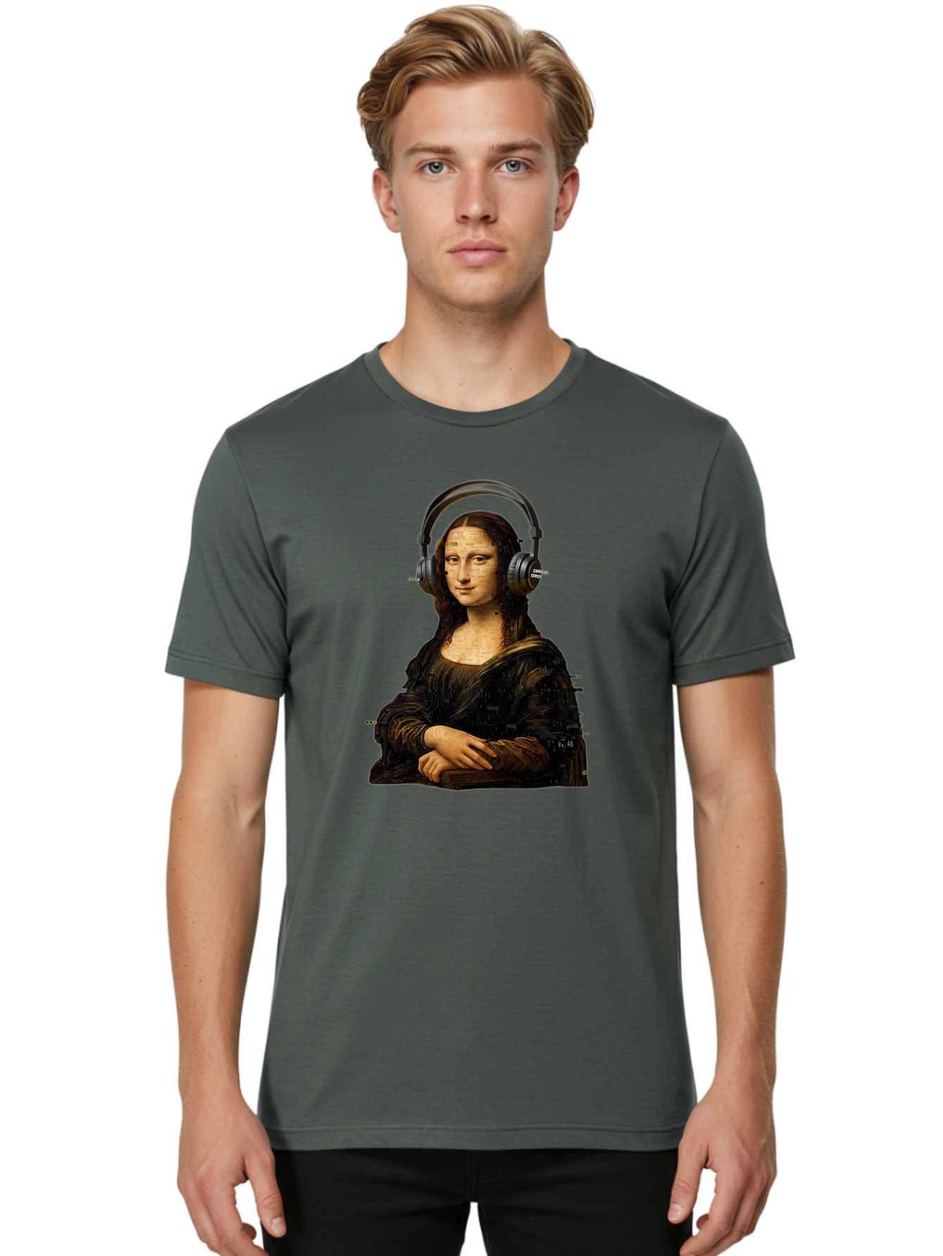 Mona-Lisa-With-Headphones-1 Men'S Graphic Tee, 100% Cotton, Comfortable Casual Summer Wear, Machine Washable, Vintage Camera, Old Camera, Antique Camera, Black Camera, Classic Photography, Photography Equipment, Nostalgic Device, Film Camera, Bam907