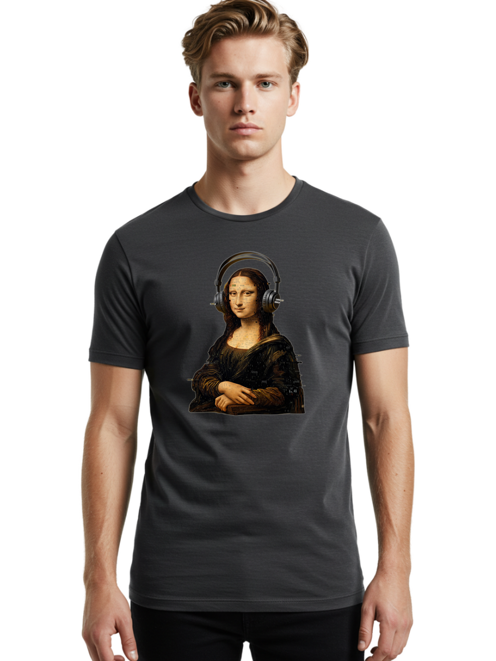 Mona-Lisa-With-Headphones-1 Men'S Graphic Tee, 100% Cotton, Comfortable Casual Summer Wear, Machine Washable, Vintage Camera, Old Camera, Antique Camera, Black Camera, Classic Photography, Photography Equipment, Nostalgic Device, Film Camera, Bam907