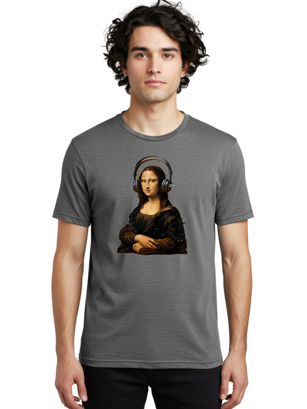 Mona-Lisa-With-Headphones-1 Men'S Graphic Tee, 100% Cotton, Comfortable Casual Summer Wear, Machine Washable, Vintage Camera, Old Camera, Antique Camera, Black Camera, Classic Photography, Photography Equipment, Nostalgic Device, Film Camera, Bam907