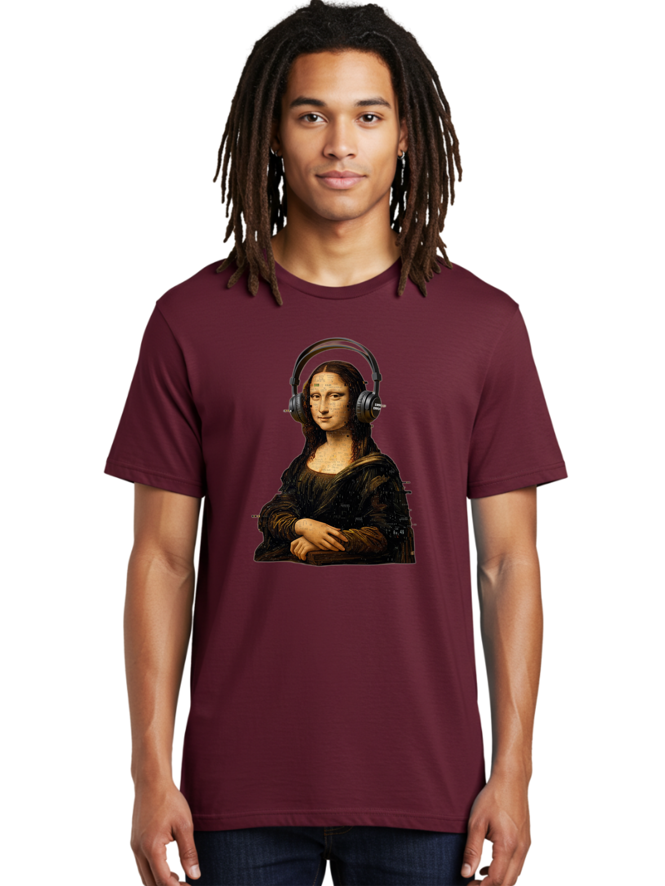 Mona-Lisa-With-Headphones-1 Men'S Graphic Tee, 100% Cotton, Comfortable Casual Summer Wear, Machine Washable, Vintage Camera, Old Camera, Antique Camera, Black Camera, Classic Photography, Photography Equipment, Nostalgic Device, Film Camera, Bam907