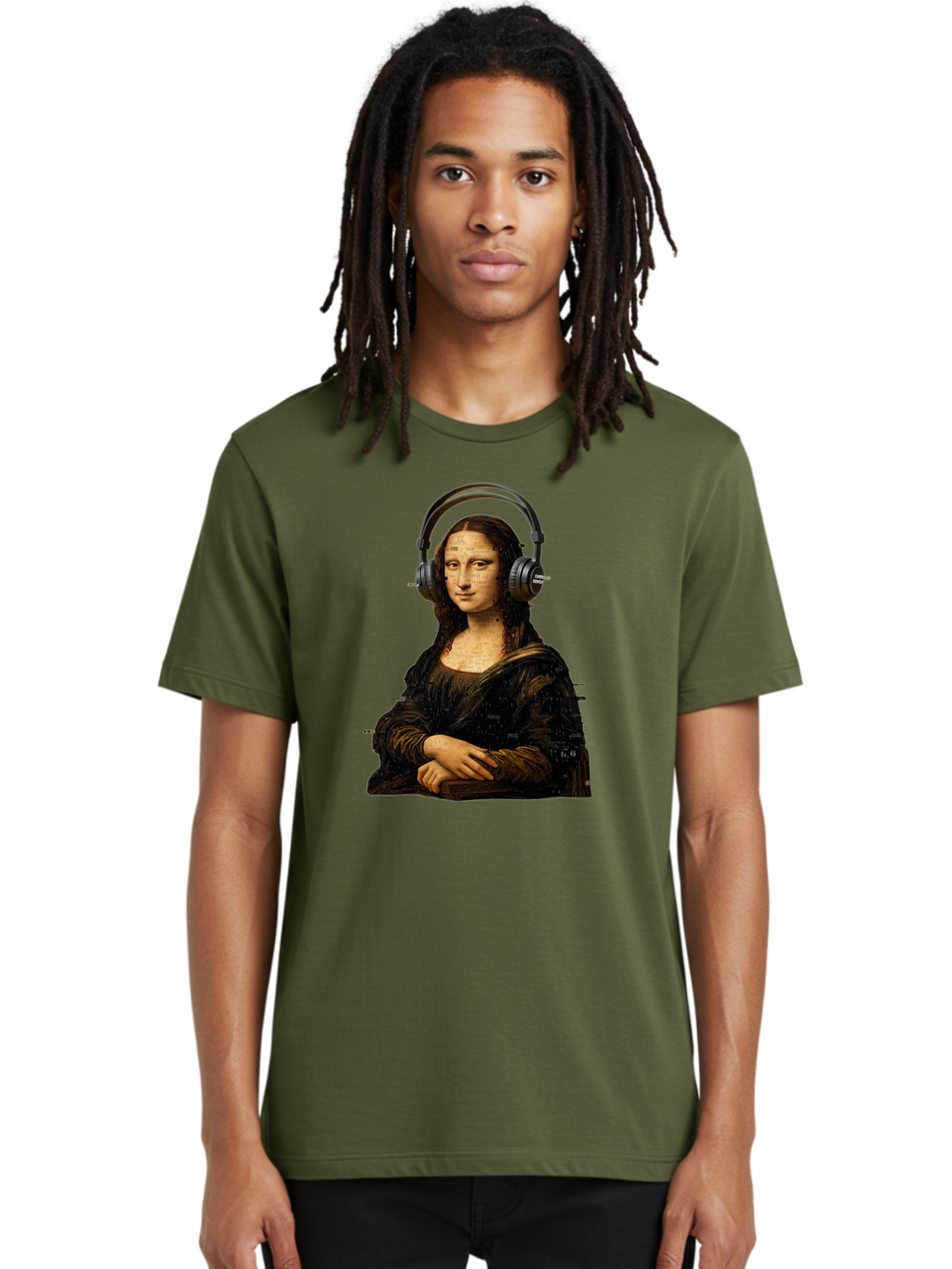 Mona-Lisa-With-Headphones-1 Men'S Graphic Tee, 100% Cotton, Comfortable Casual Summer Wear, Machine Washable, Vintage Camera, Old Camera, Antique Camera, Black Camera, Classic Photography, Photography Equipment, Nostalgic Device, Film Camera, Bam907