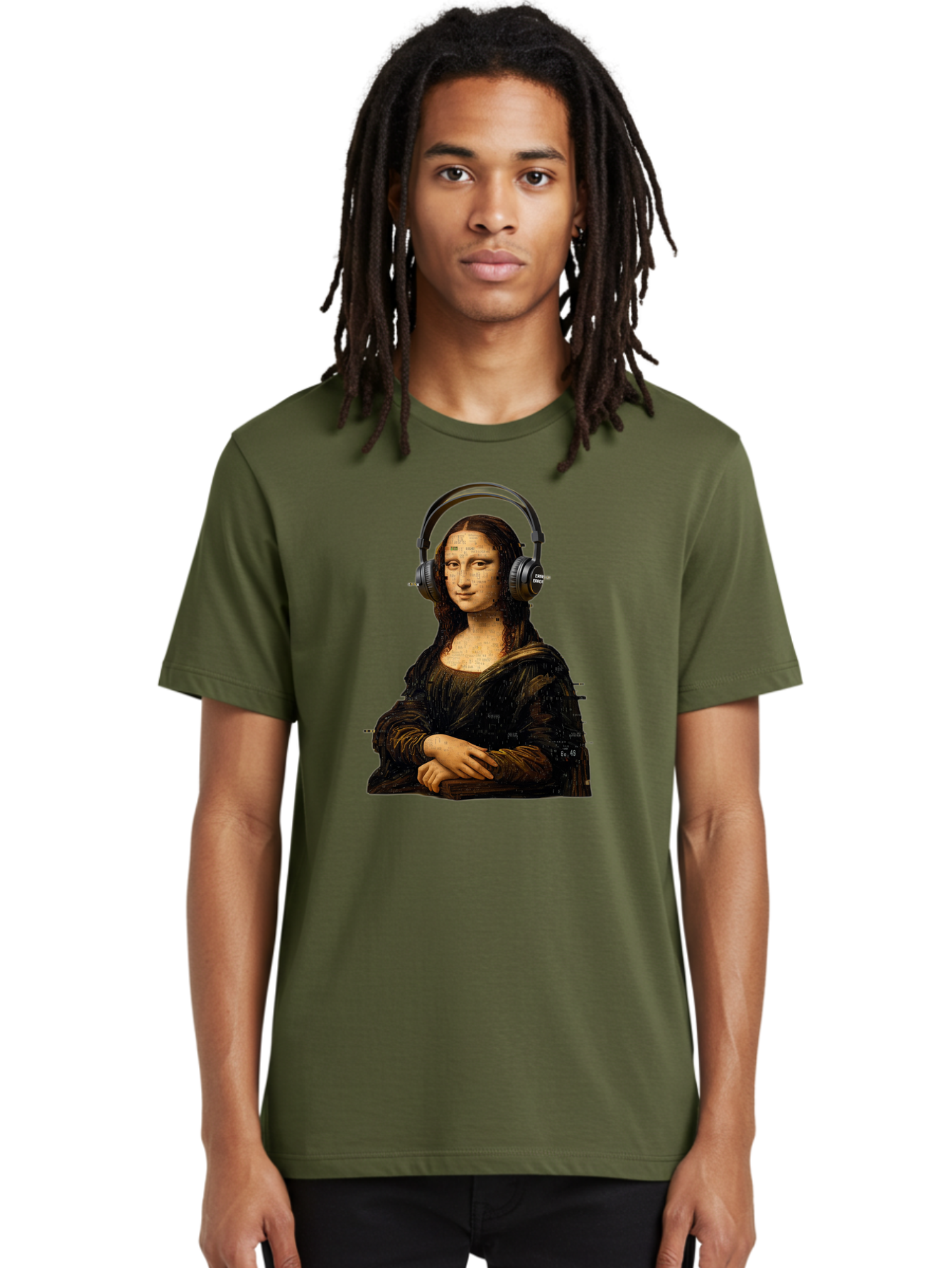 Mona-Lisa-With-Headphones-1 Men'S Graphic Tee, 100% Cotton, Comfortable Casual Summer Wear, Machine Washable, Vintage Camera, Old Camera, Antique Camera, Black Camera, Classic Photography, Photography Equipment, Nostalgic Device, Film Camera, Bam907