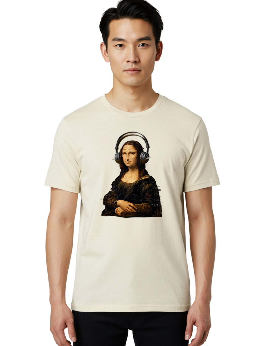 Mona-Lisa-With-Headphones-1 Men'S Graphic Tee, 100% Cotton, Comfortable Casual Summer Wear, Machine Washable, Vintage Camera, Old Camera, Antique Camera, Black Camera, Classic Photography, Photography Equipment, Nostalgic Device, Film Camera, Bam907