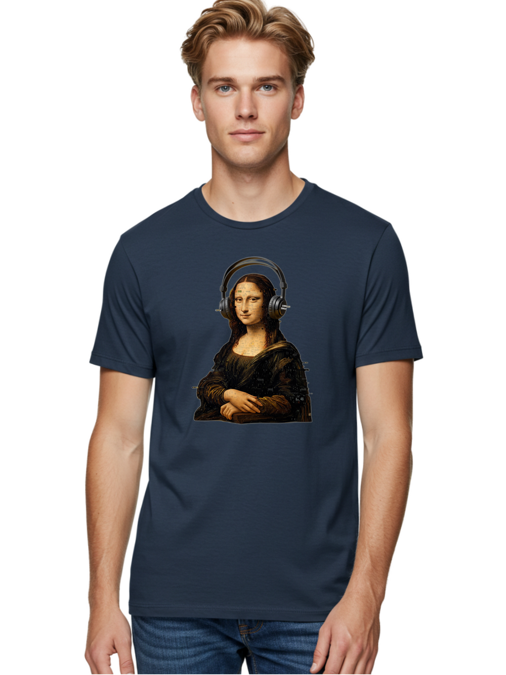 Mona-Lisa-With-Headphones-1 Men'S Graphic Tee, 100% Cotton, Comfortable Casual Summer Wear, Machine Washable, Vintage Camera, Old Camera, Antique Camera, Black Camera, Classic Photography, Photography Equipment, Nostalgic Device, Film Camera, Bam907