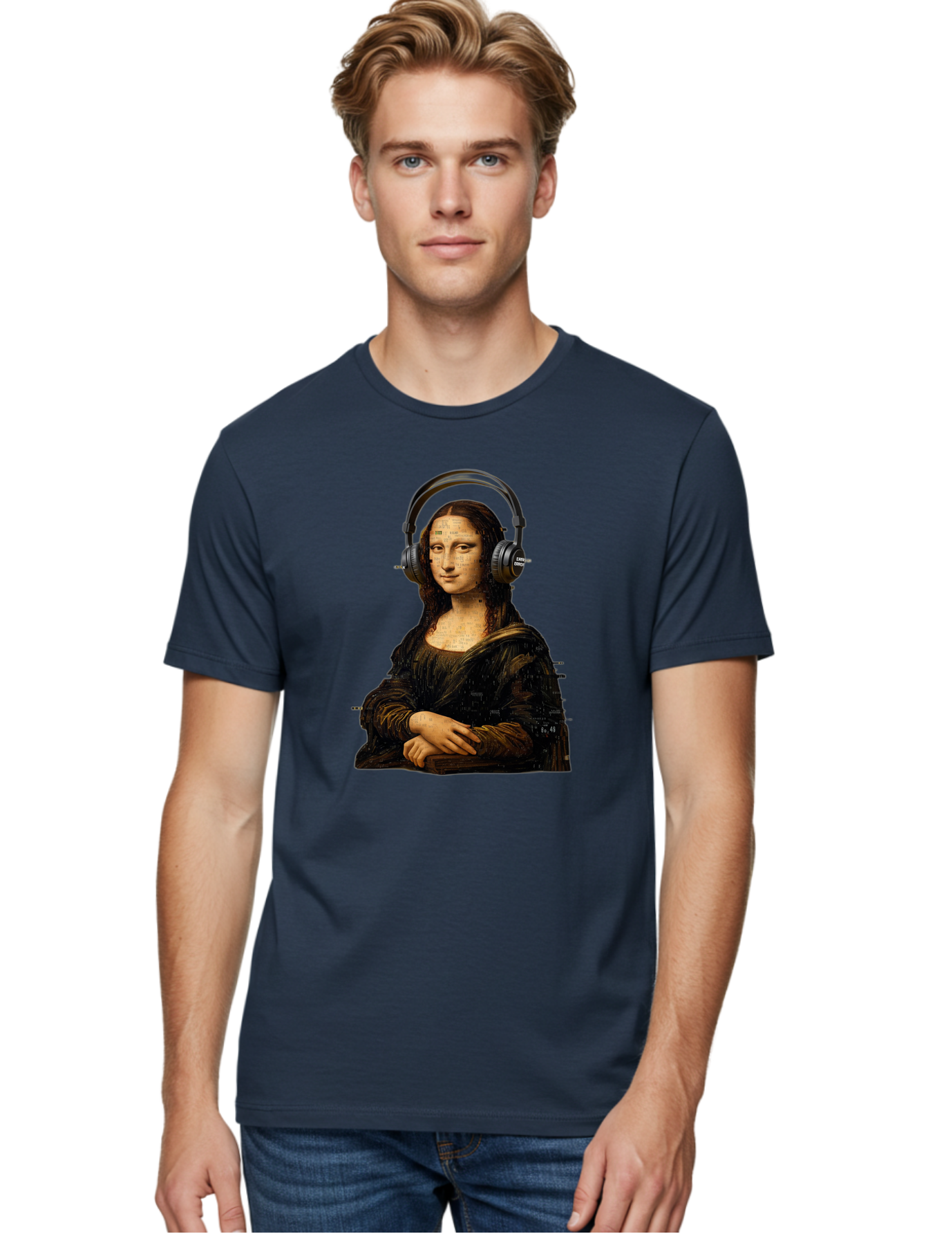 Mona-Lisa-With-Headphones-1 Men'S Graphic Tee, 100% Cotton, Comfortable Casual Summer Wear, Machine Washable, Vintage Camera, Old Camera, Antique Camera, Black Camera, Classic Photography, Photography Equipment, Nostalgic Device, Film Camera, Bam907