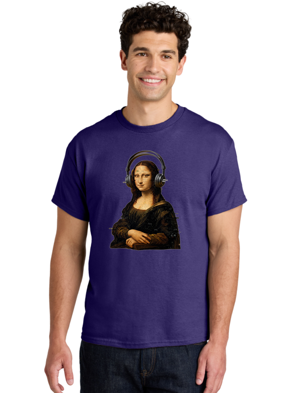 Mona-Lisa-With-Headphones-1 Men'S Graphic Tee, 100% Cotton, Comfortable Casual Summer Wear, Machine Washable, Vintage Camera, Old Camera, Antique Camera, Black Camera, Classic Photography, Photography Equipment, Nostalgic Device, Film Camera, Bam907