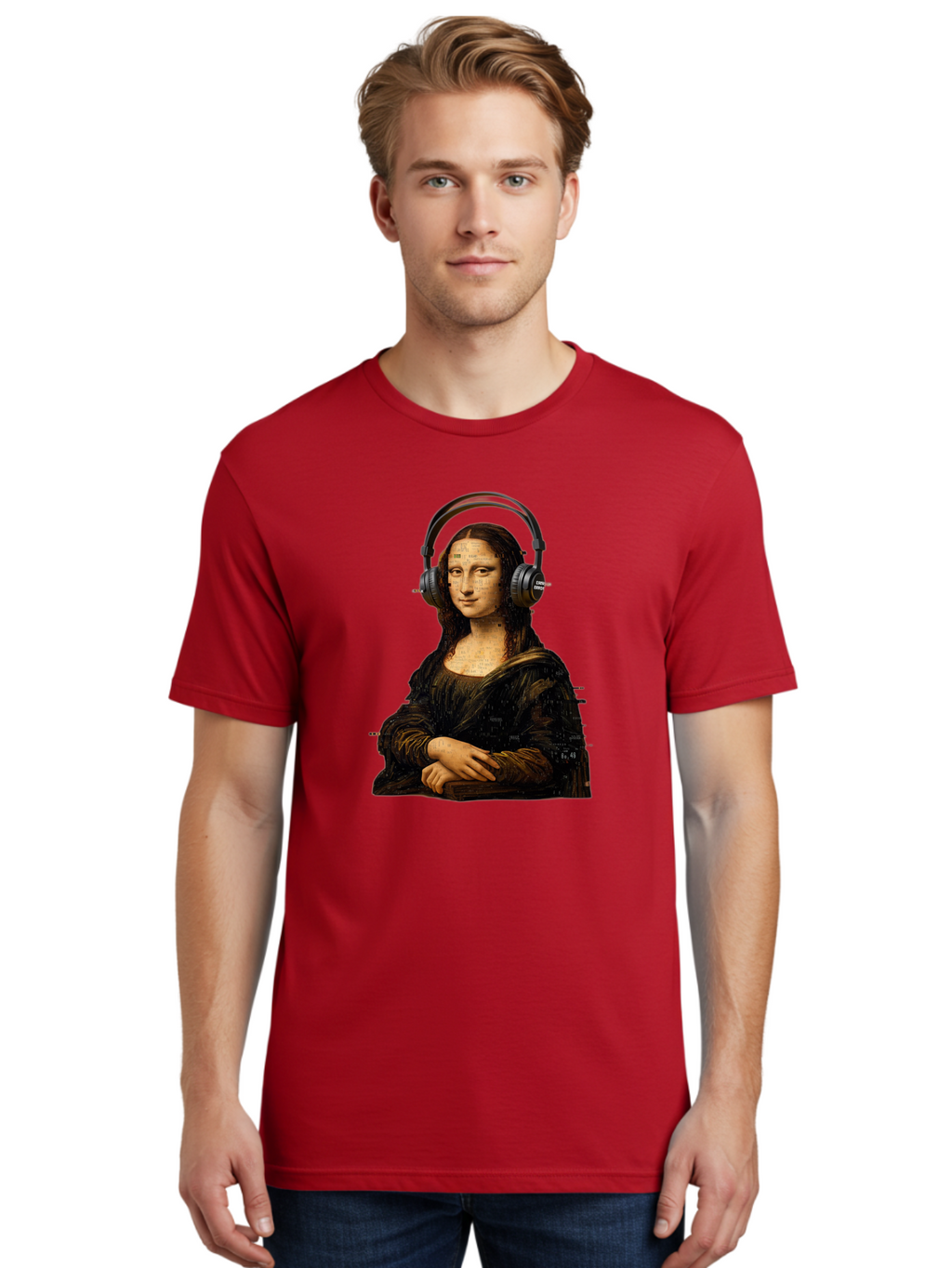 Mona-Lisa-With-Headphones-1 Men'S Graphic Tee, 100% Cotton, Comfortable Casual Summer Wear, Machine Washable, Vintage Camera, Old Camera, Antique Camera, Black Camera, Classic Photography, Photography Equipment, Nostalgic Device, Film Camera, Bam907