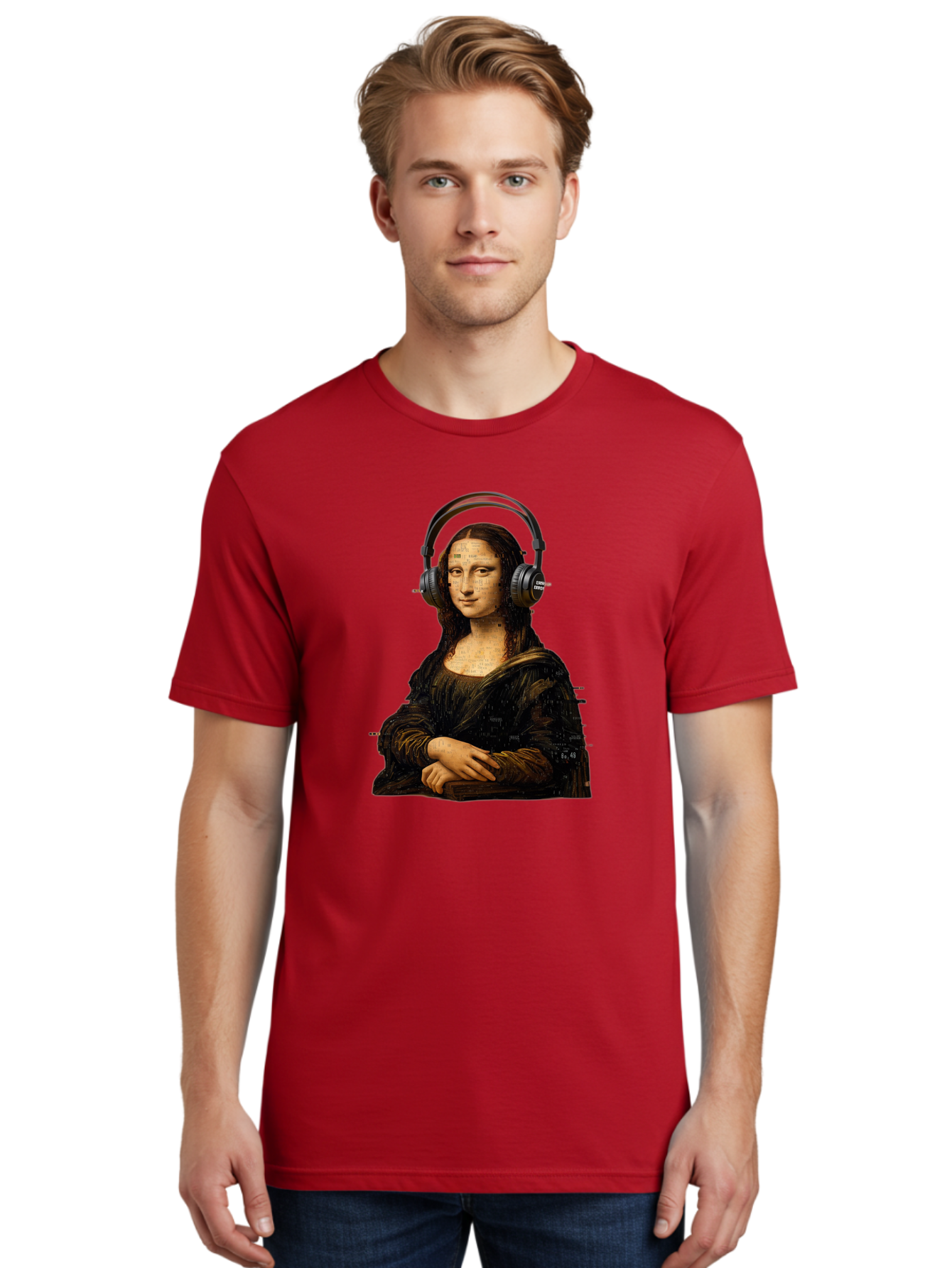 Mona-Lisa-With-Headphones-1 Men'S Graphic Tee, 100% Cotton, Comfortable Casual Summer Wear, Machine Washable, Vintage Camera, Old Camera, Antique Camera, Black Camera, Classic Photography, Photography Equipment, Nostalgic Device, Film Camera, Bam907